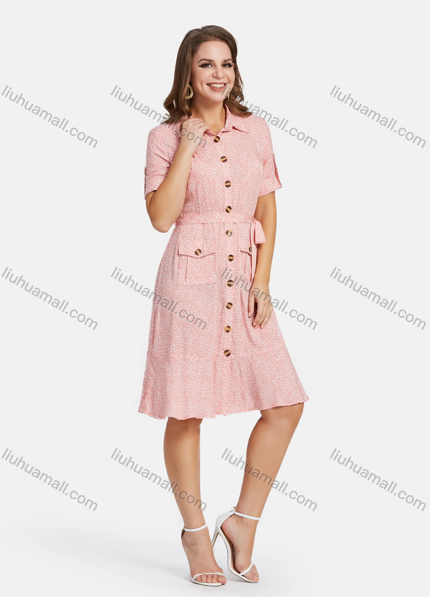 Wholesale Women's Casual Allover Print Flap Pocket A-Line Button Down Knee Ruffle Hem Length Shirt Dress With Belt - Liuhuamall