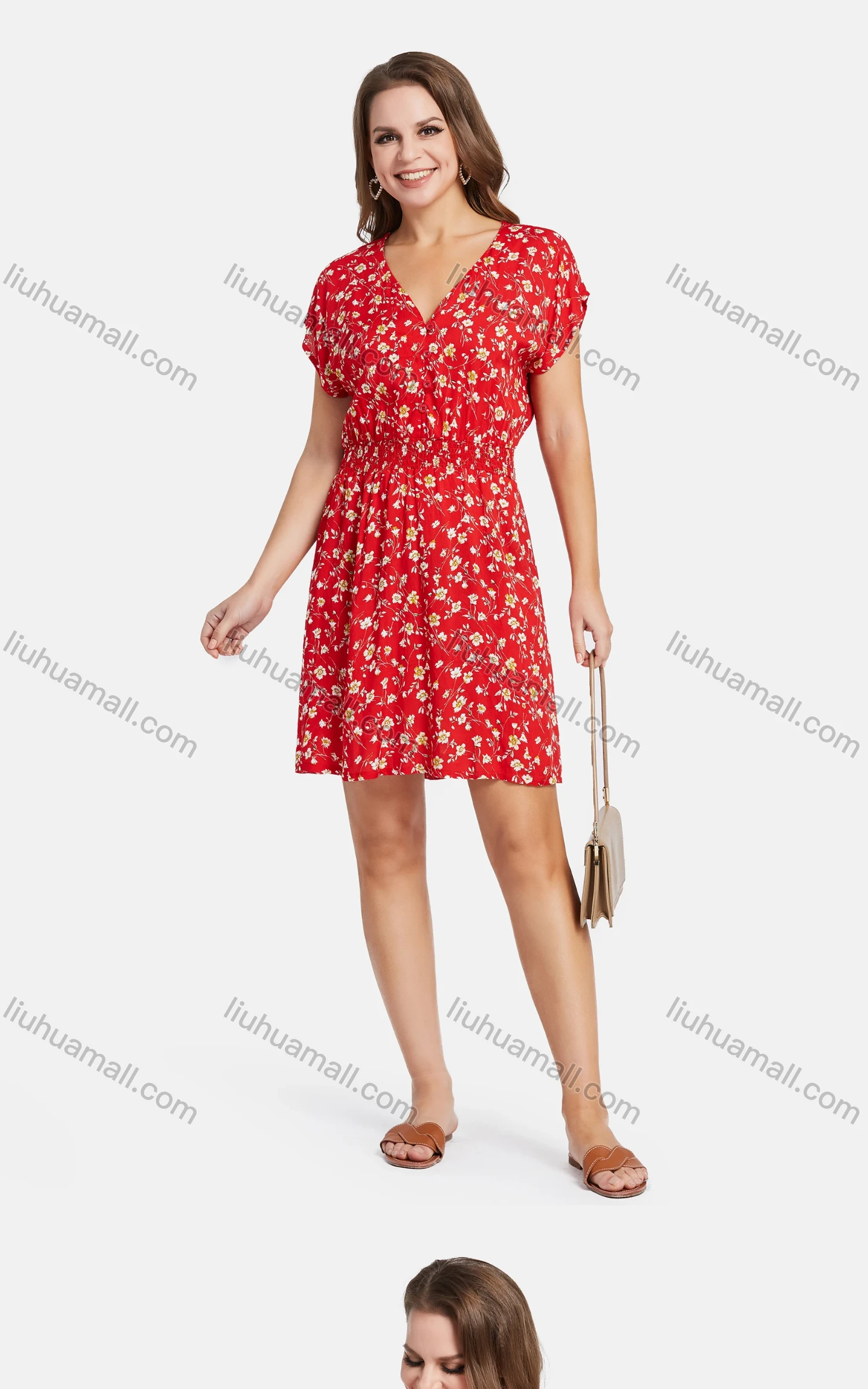 Wholesale Women's Casual High Waist Ditsy Floral V Neck Button Front Short Dress - Liuhuamall