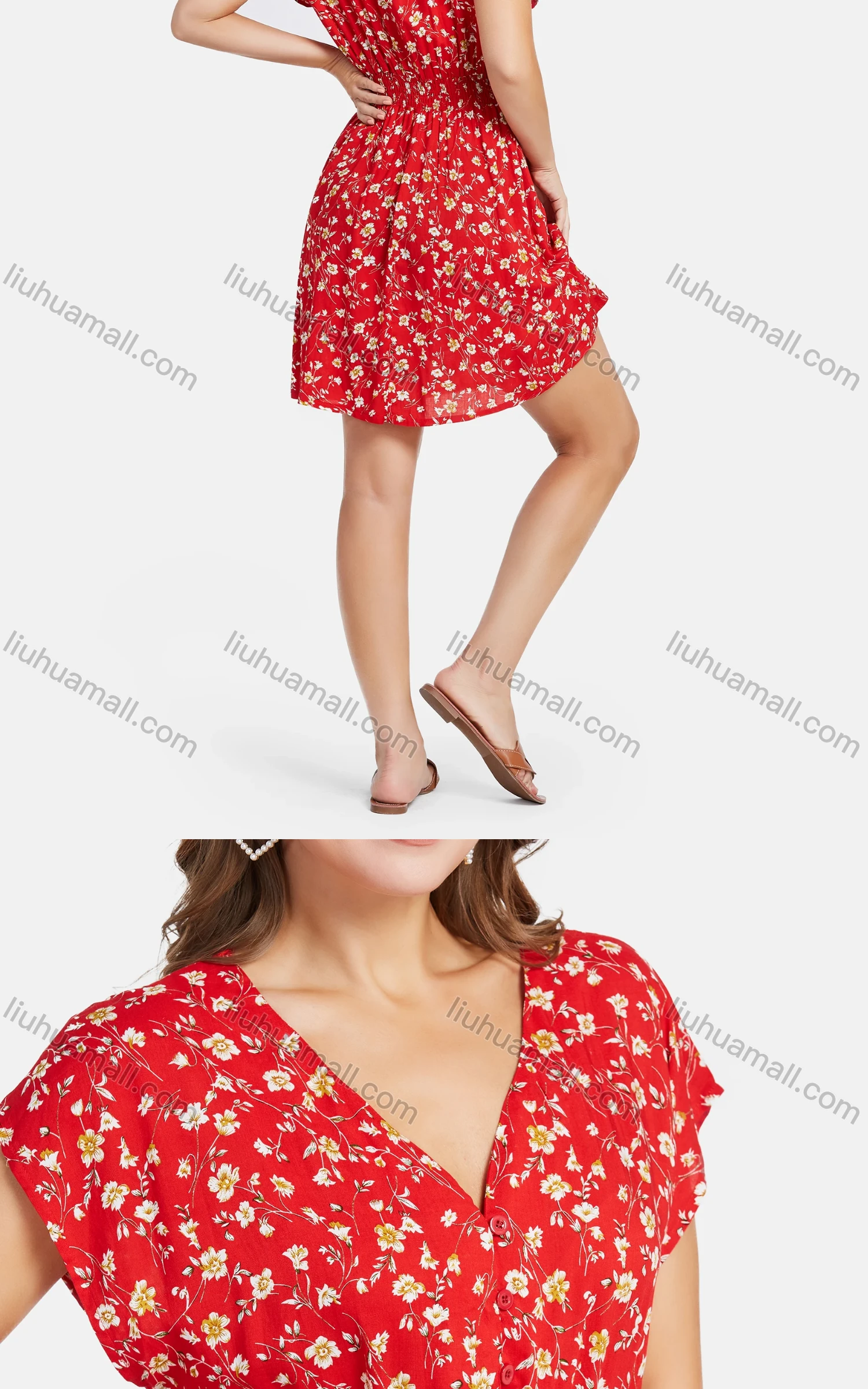 Wholesale Women's Casual High Waist Ditsy Floral V Neck Button Front Short Dress - Liuhuamall