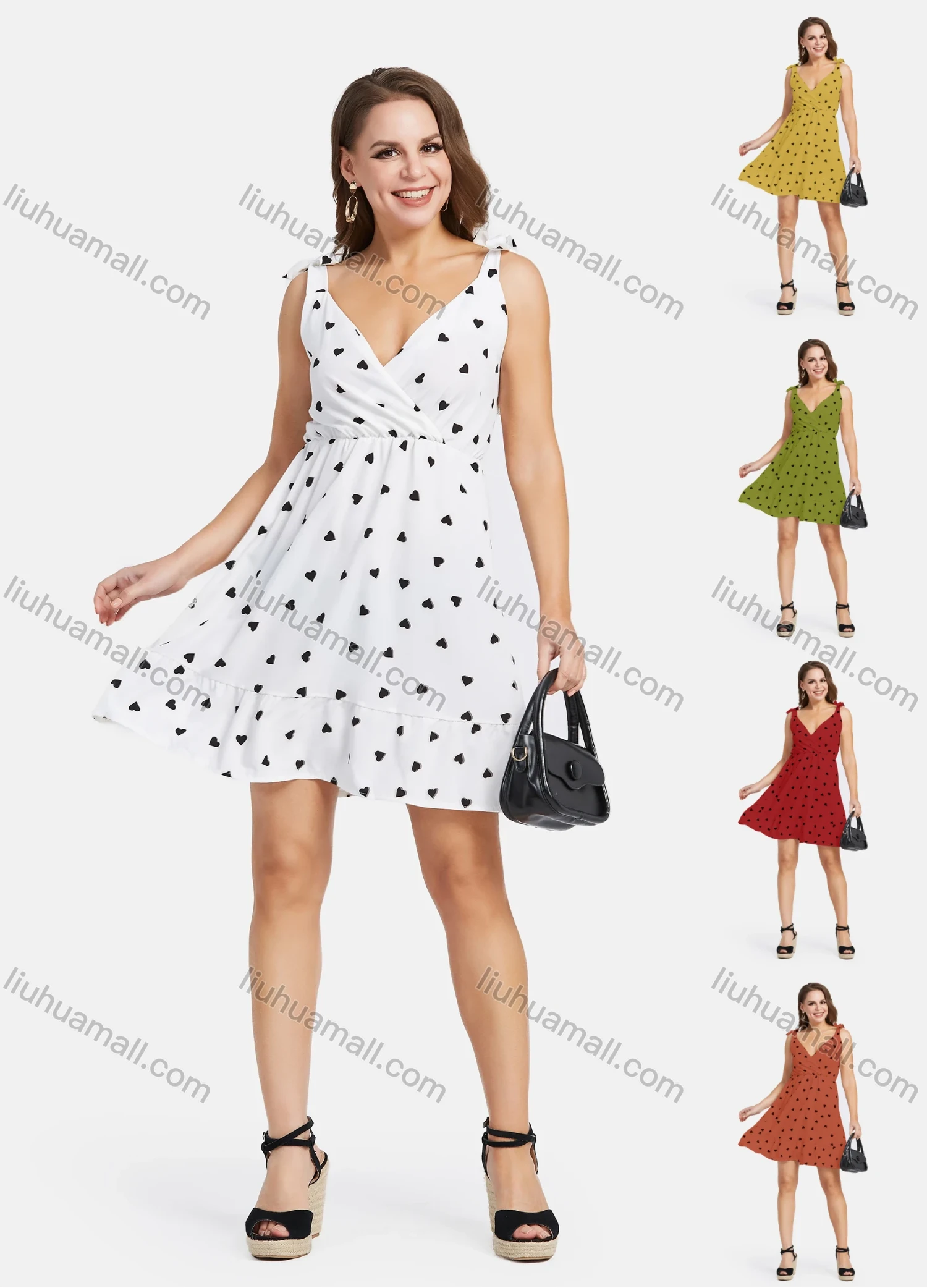 Wholesale Women's Retro Heart Print V Neck Tie Strap Wrap Short Dress - Liuhuamall