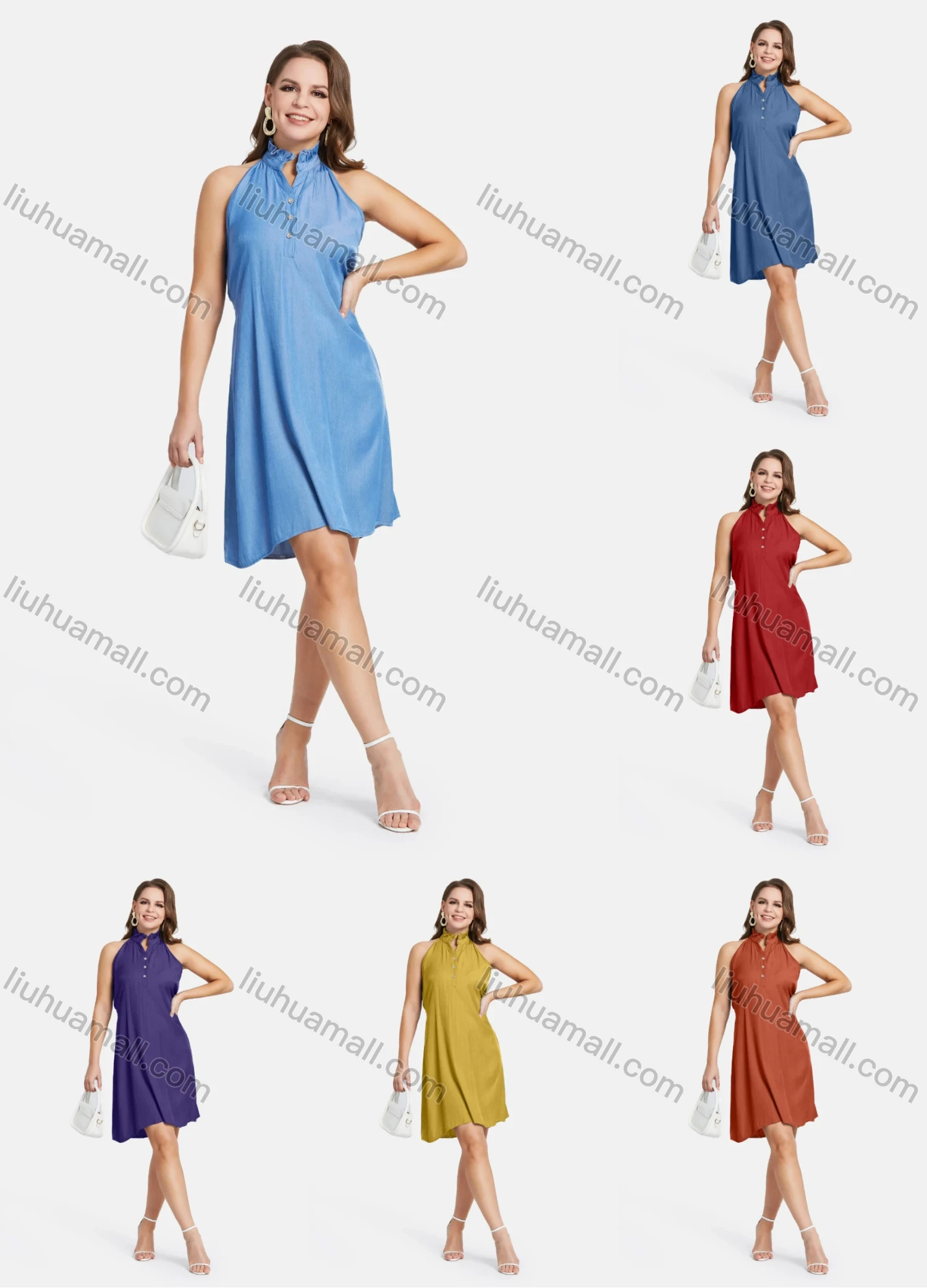 Wholesale Women's Casual Plain Button Neck Ruffle Trim Halter Dress - Liuhuamall