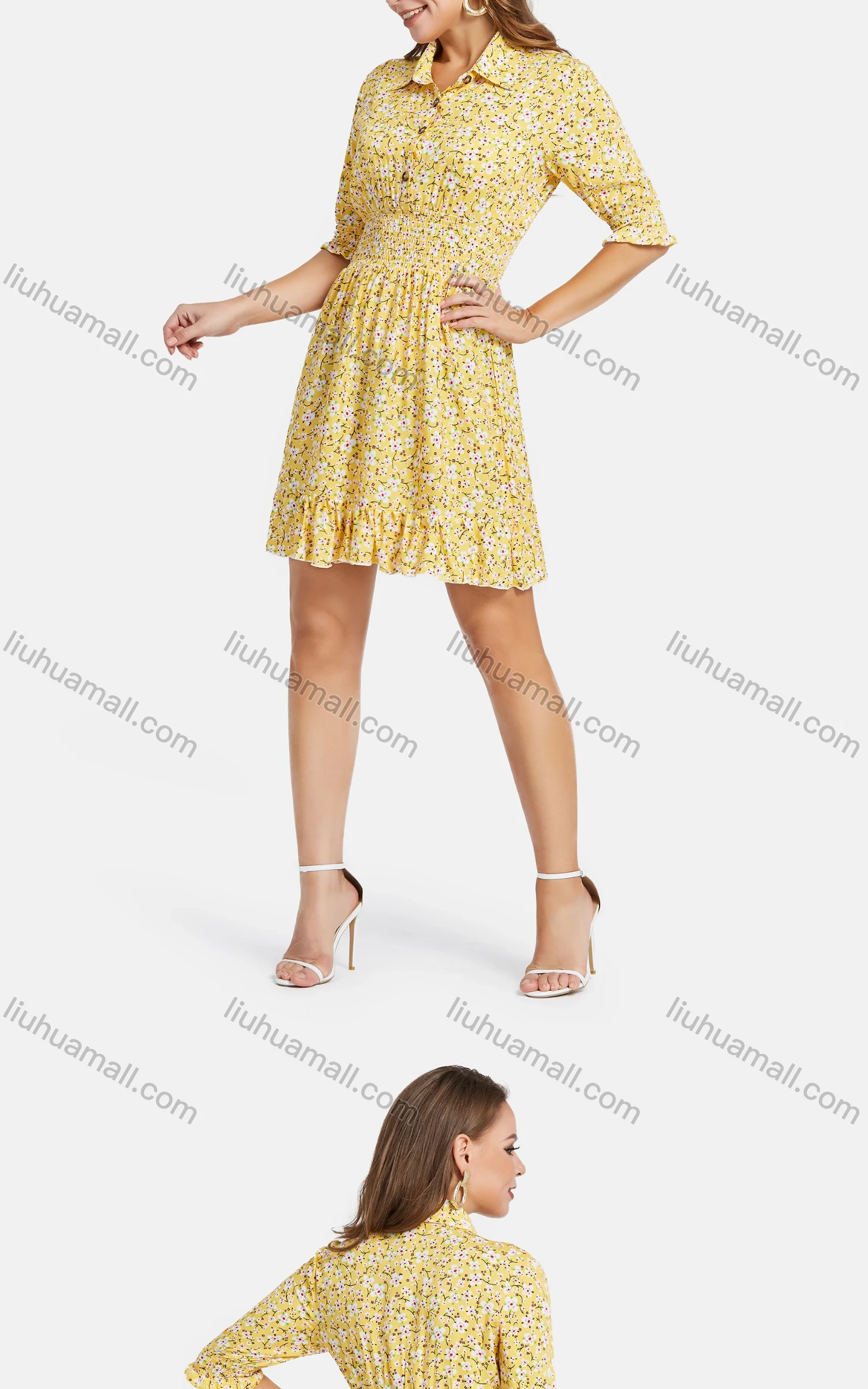 Wholesale Women's Casual A-Line Pleated Hem Ditsy Floral Bishop Sleeve Shirt Dress 20-13# - Liuhuamall