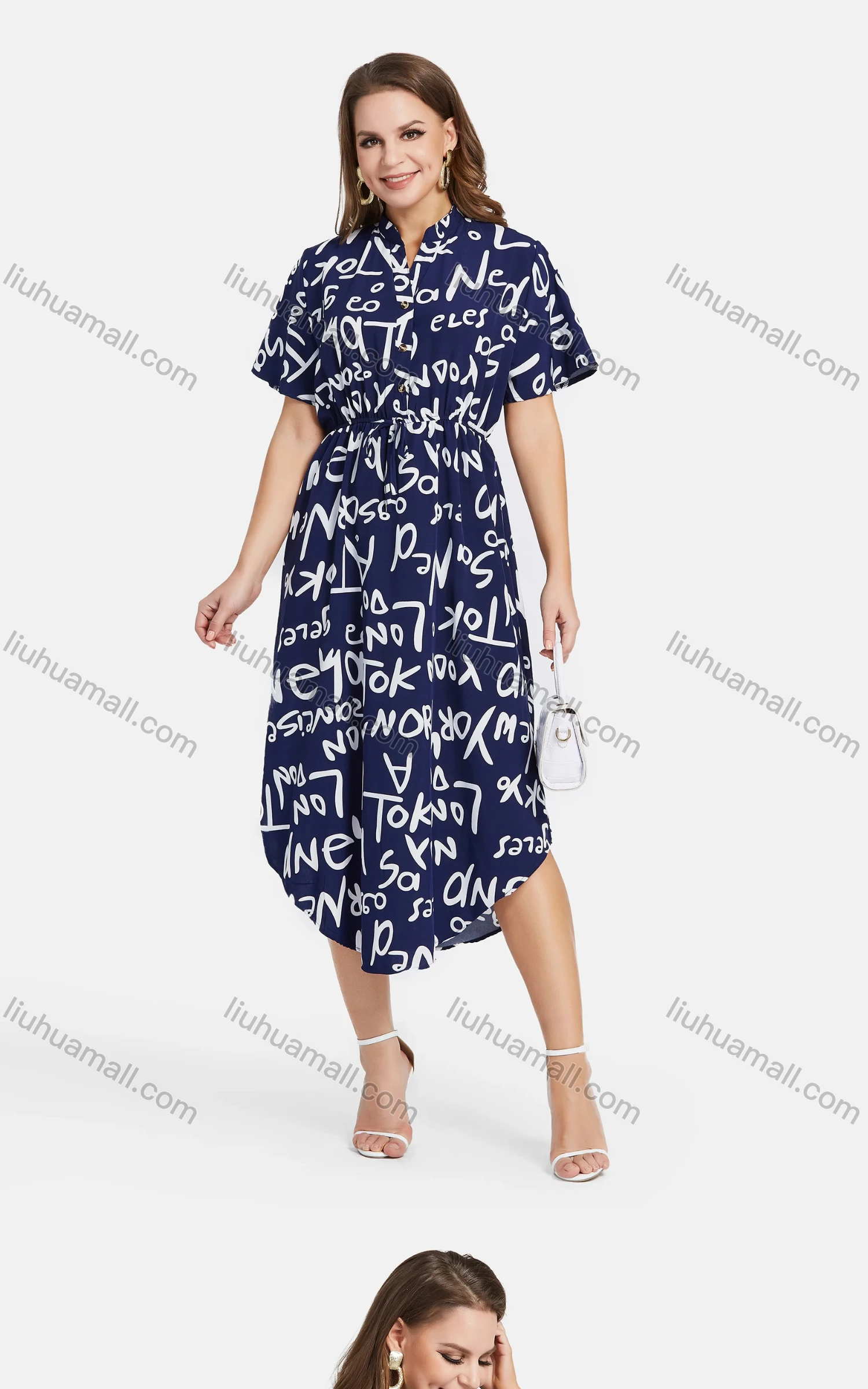 Wholesale Women's Casual A-Line Letter Print Curved Hem Button Front Shirt Dress - Liuhuamall