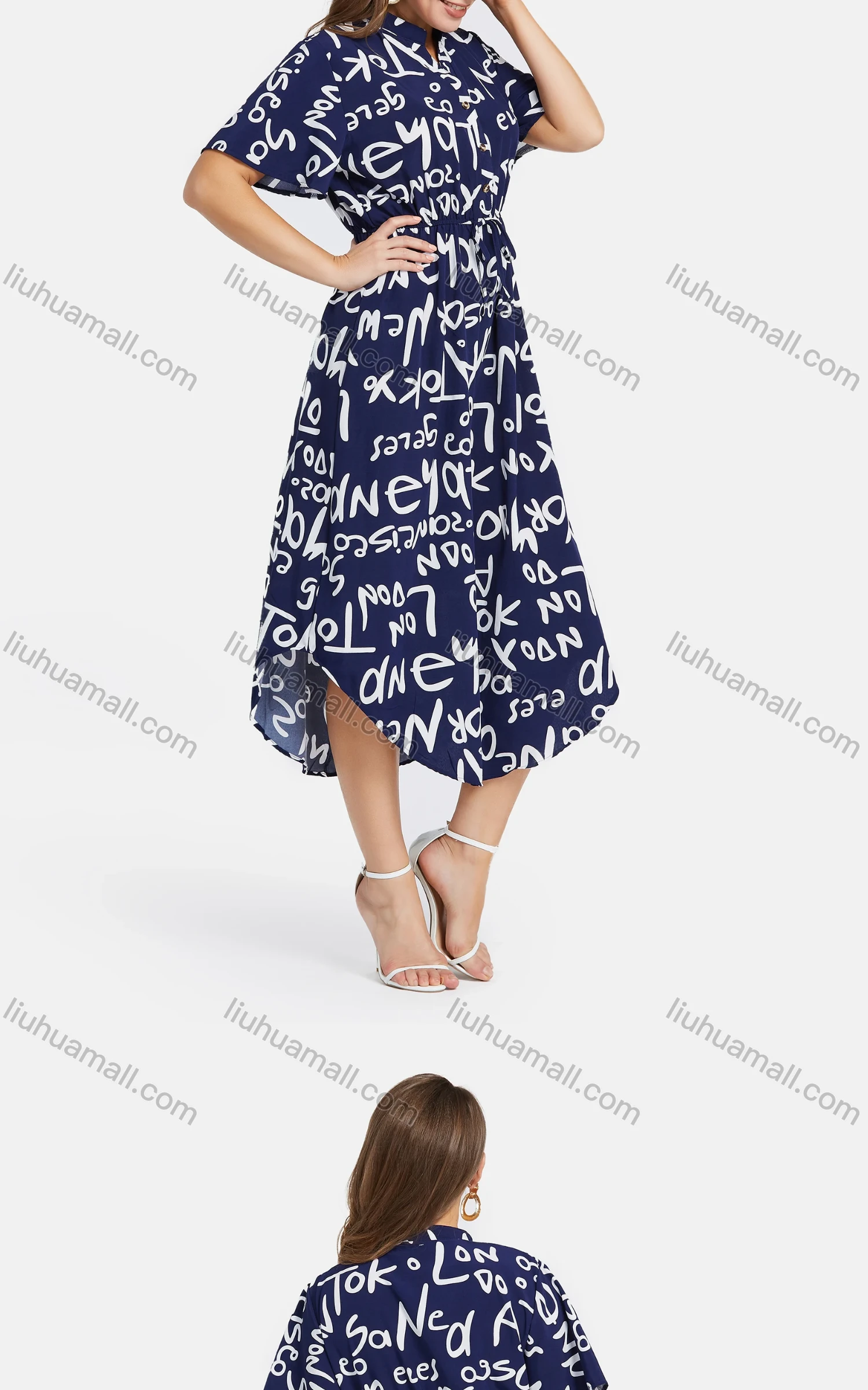 Wholesale Women's Casual A-Line Letter Print Curved Hem Button Front Shirt Dress - Liuhuamall