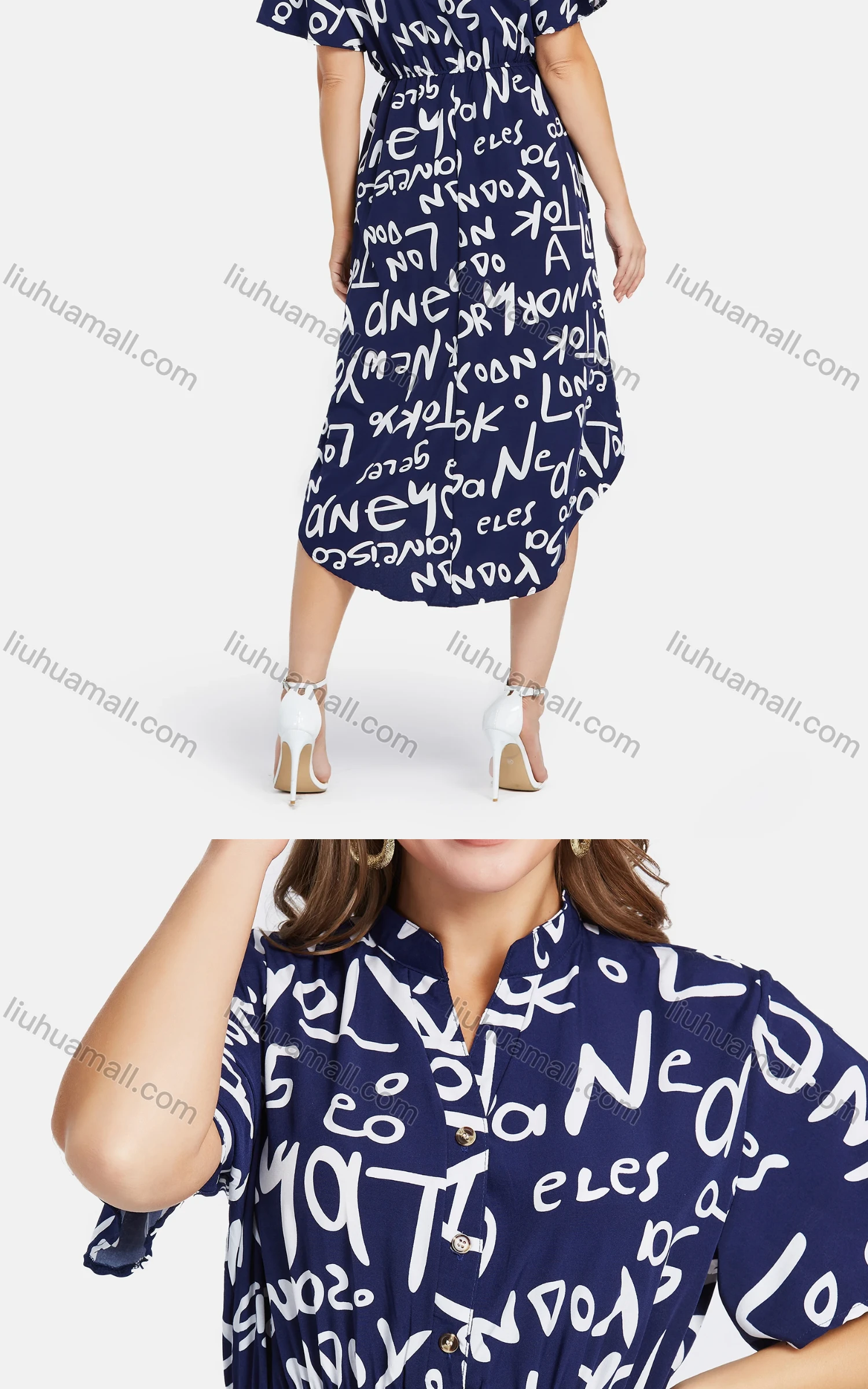 Wholesale Women's Casual A-Line Letter Print Curved Hem Button Front Shirt Dress - Liuhuamall