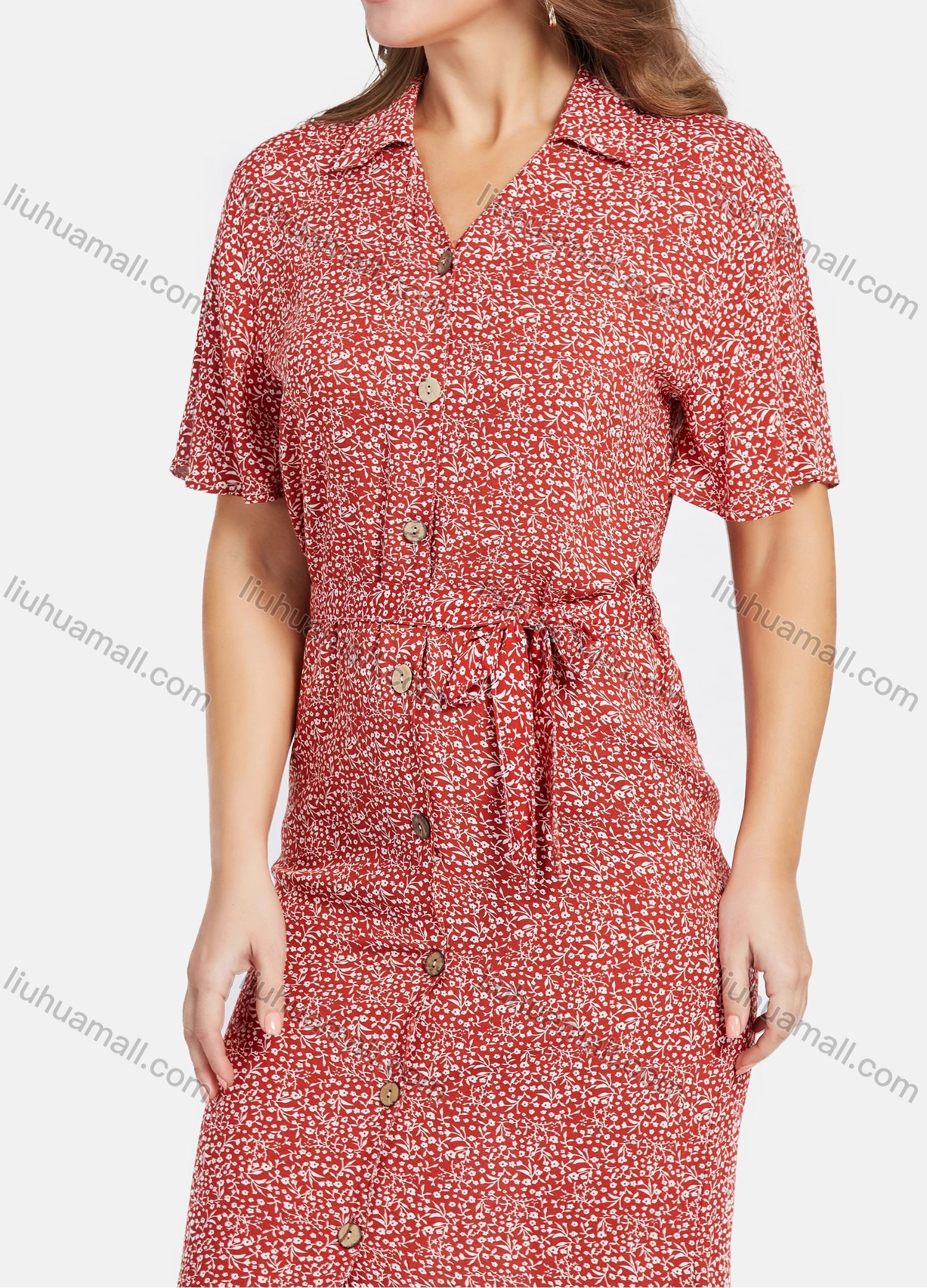 Wholesale Women's Casual Floral Print A-Line Button Down Ruffle Hem Midi Shirt Dress With Belt - Liuhuamall