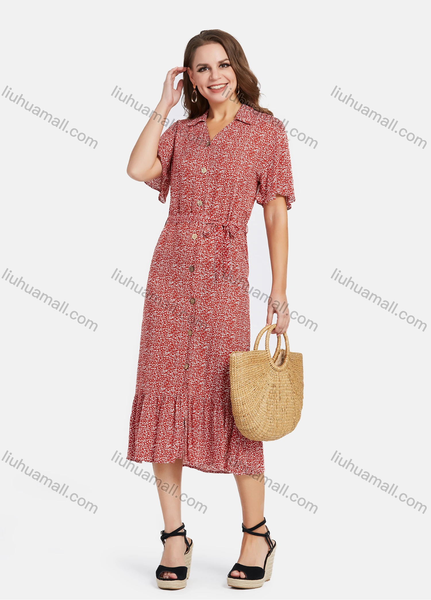 Wholesale Women's Casual Floral Print A-Line Button Down Ruffle Hem Midi Shirt Dress With Belt - Liuhuamall