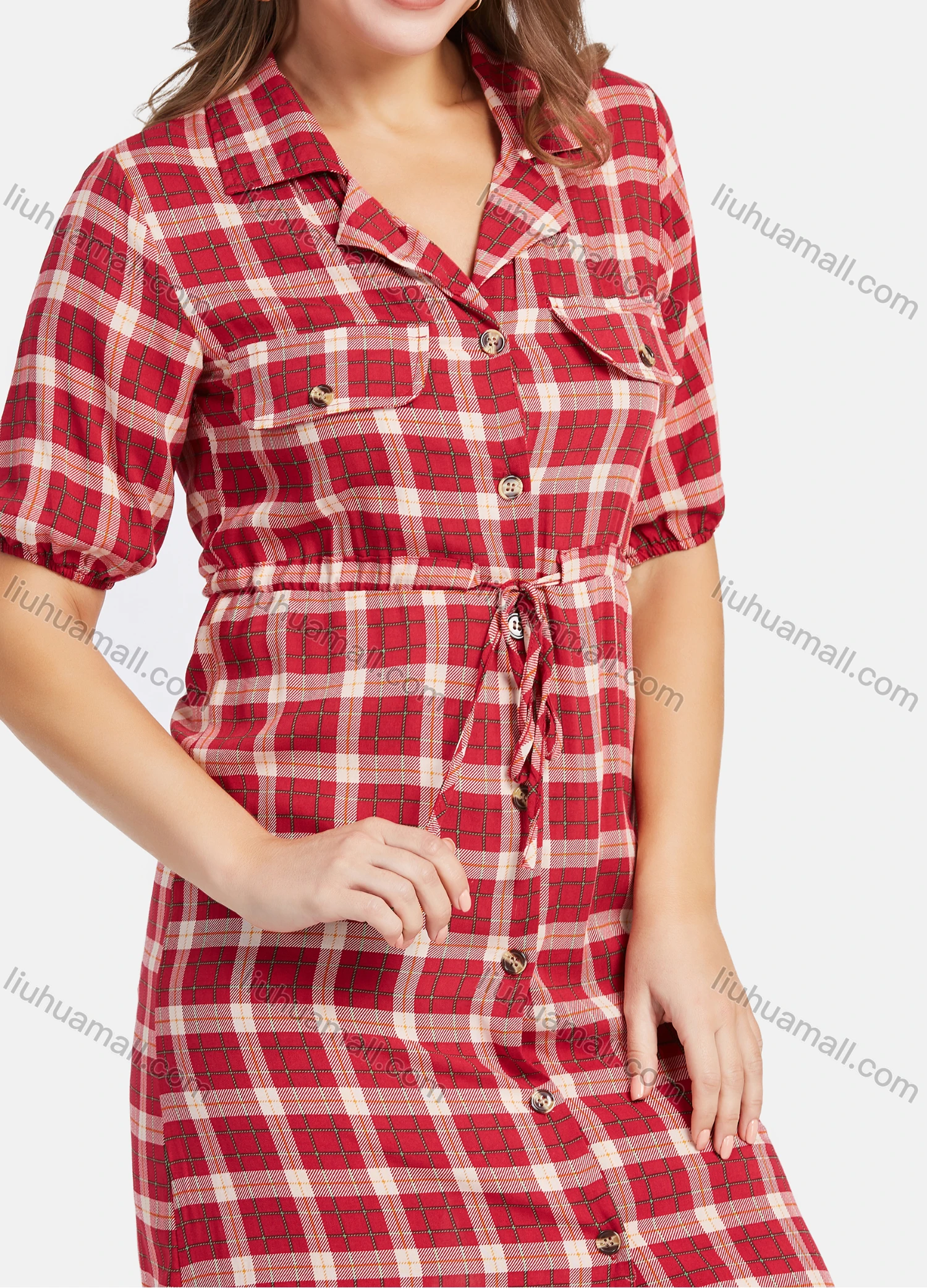 Wholesale Women's Casual Lapel Plaid Short Sleeve Short High Waist Shirt Dress - Liuhuamall