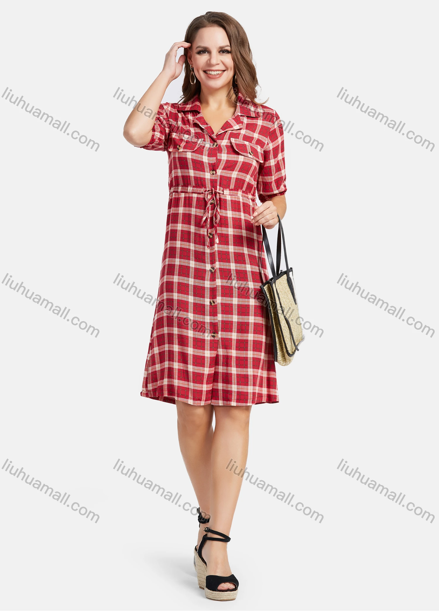 Wholesale Women's Casual Lapel Plaid Short Sleeve Short High Waist Shirt Dress - Liuhuamall
