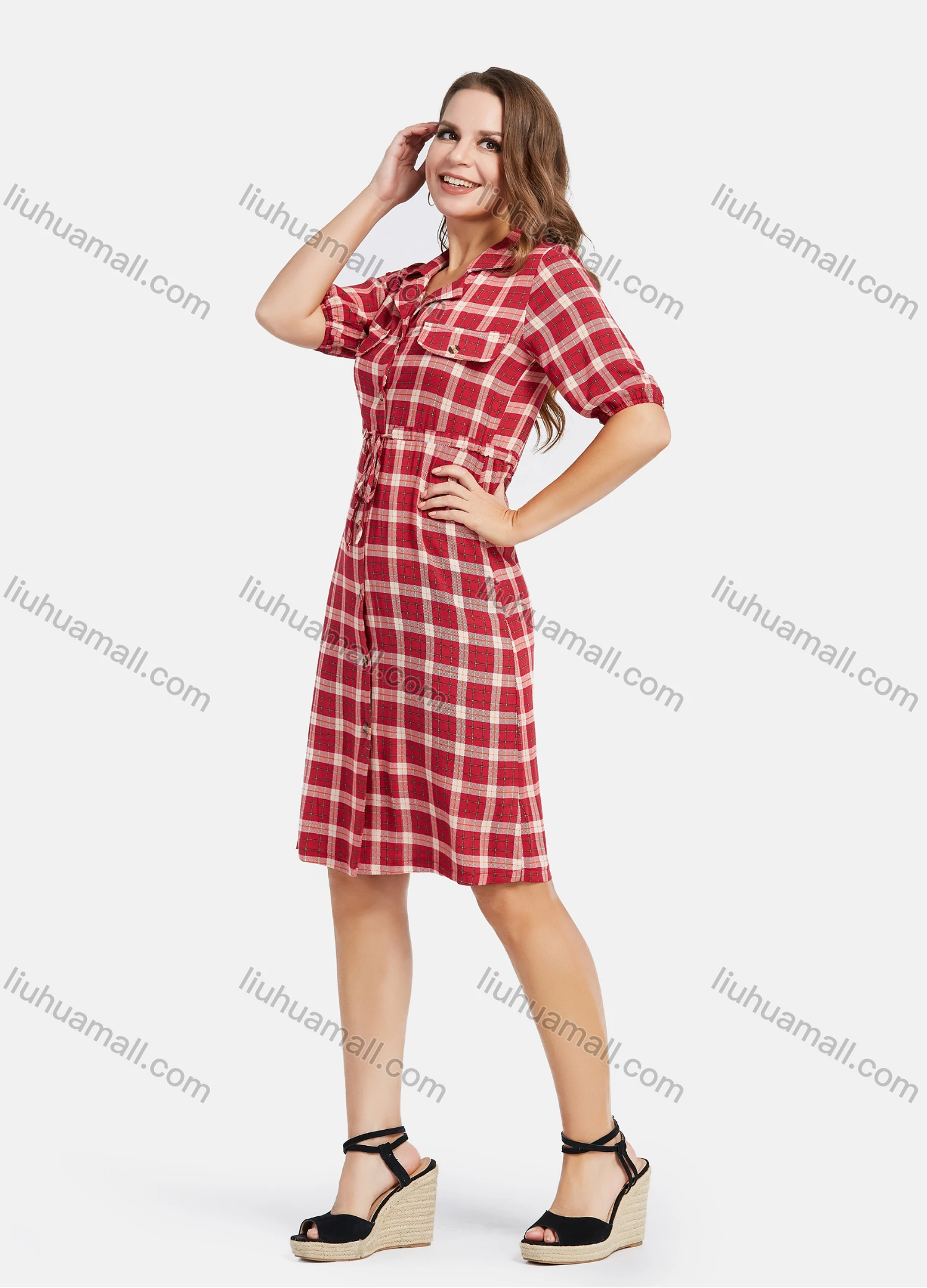 Wholesale Women's Casual Lapel Plaid Short Sleeve Short High Waist Shirt Dress - Liuhuamall