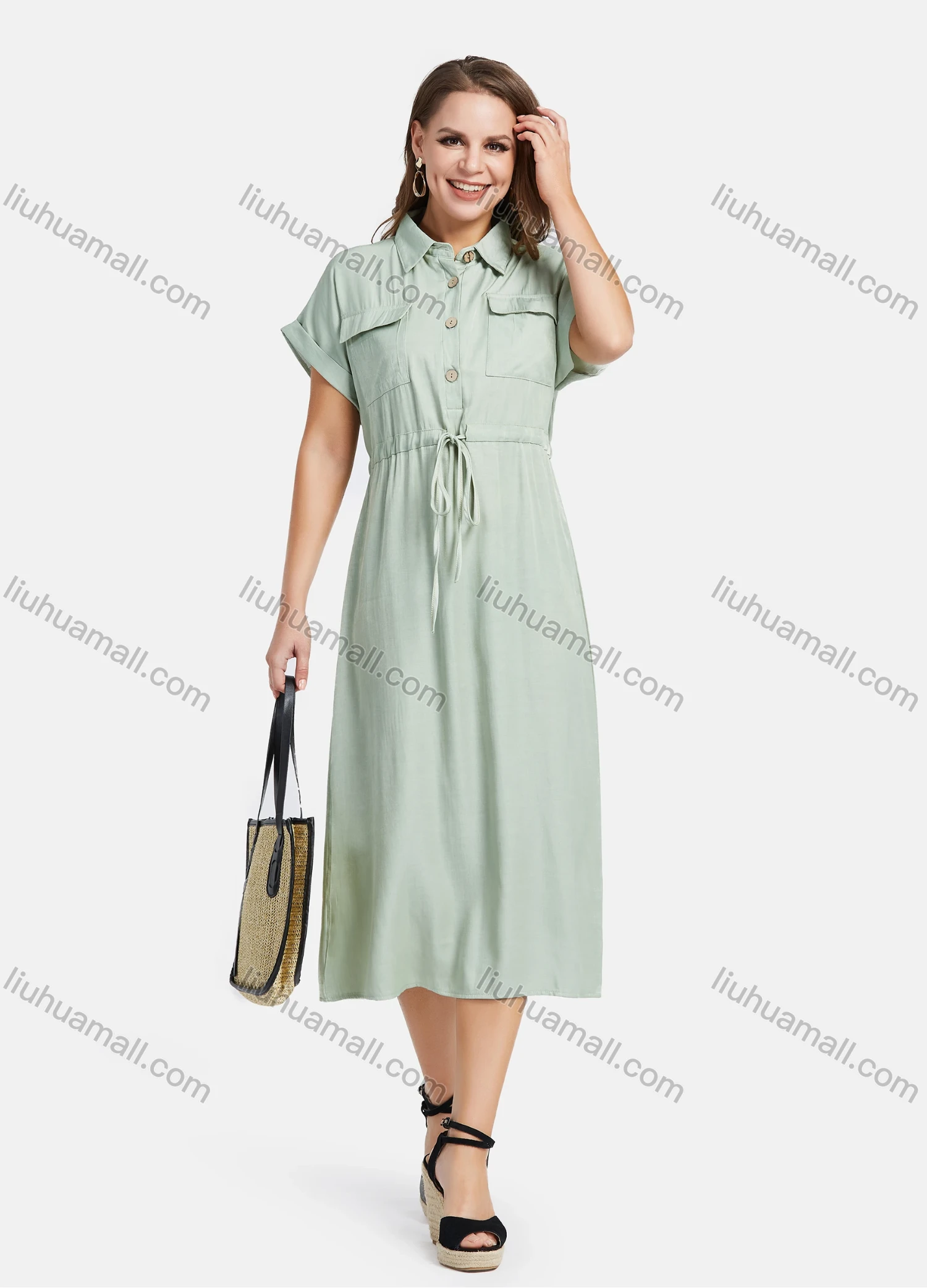 Wholesale Women's Casual Flap Pockets Button Front Plain Midi Shirt Dress - Liuhuamall