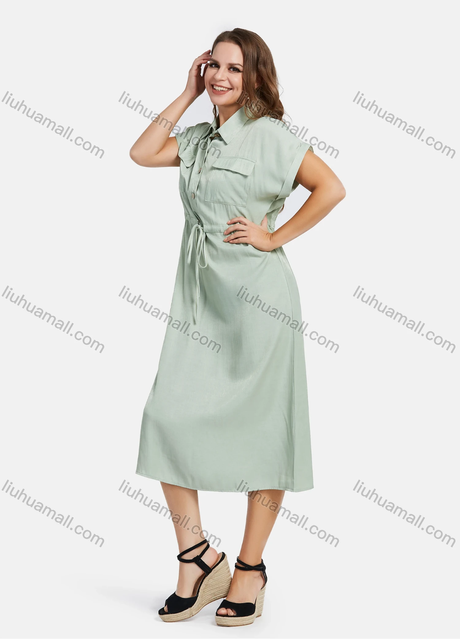 Wholesale Women's Casual Flap Pockets Button Front Plain Midi Shirt Dress - Liuhuamall