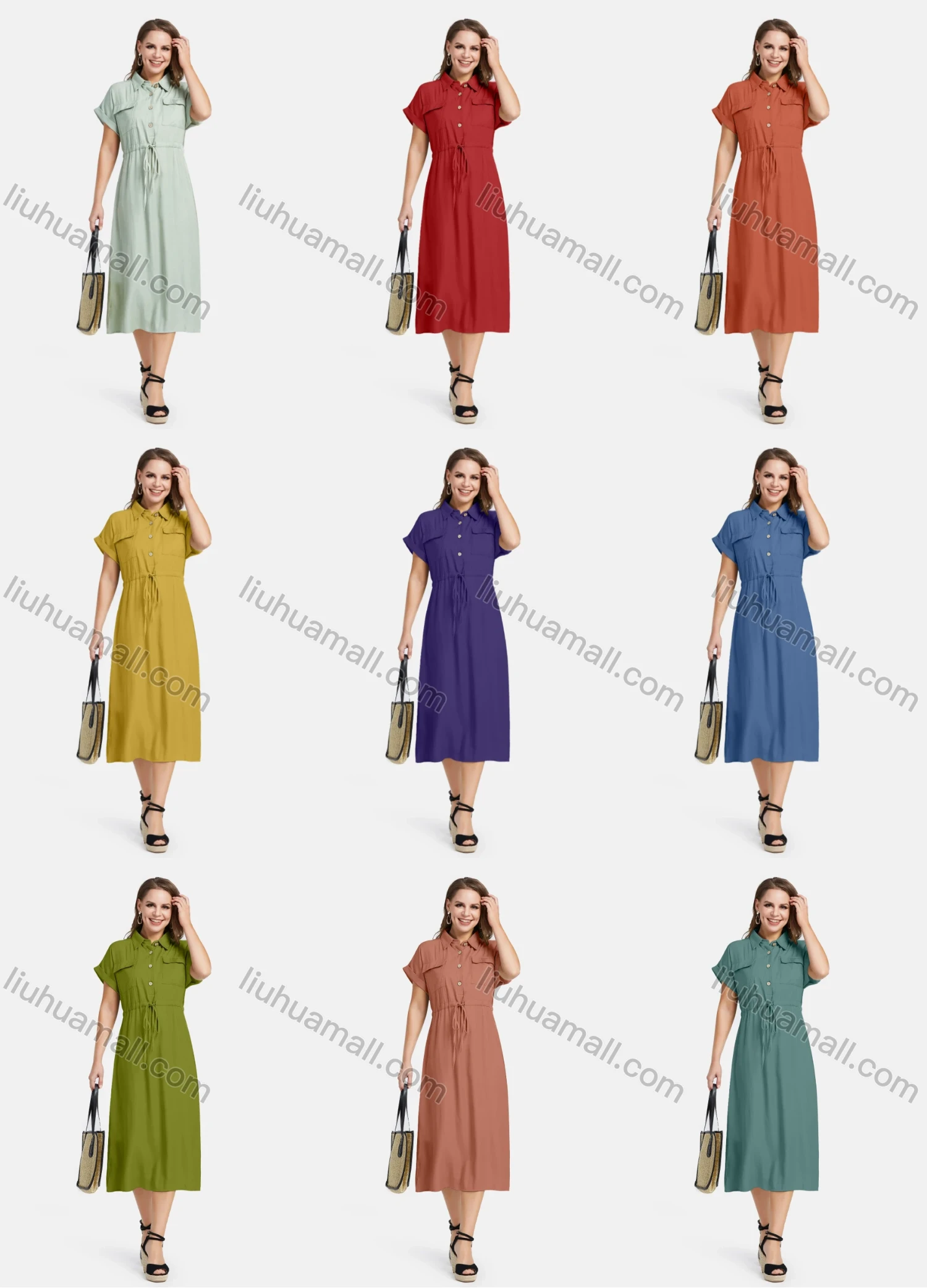 Wholesale Women's Casual Flap Pockets Button Front Plain Midi Shirt Dress - Liuhuamall