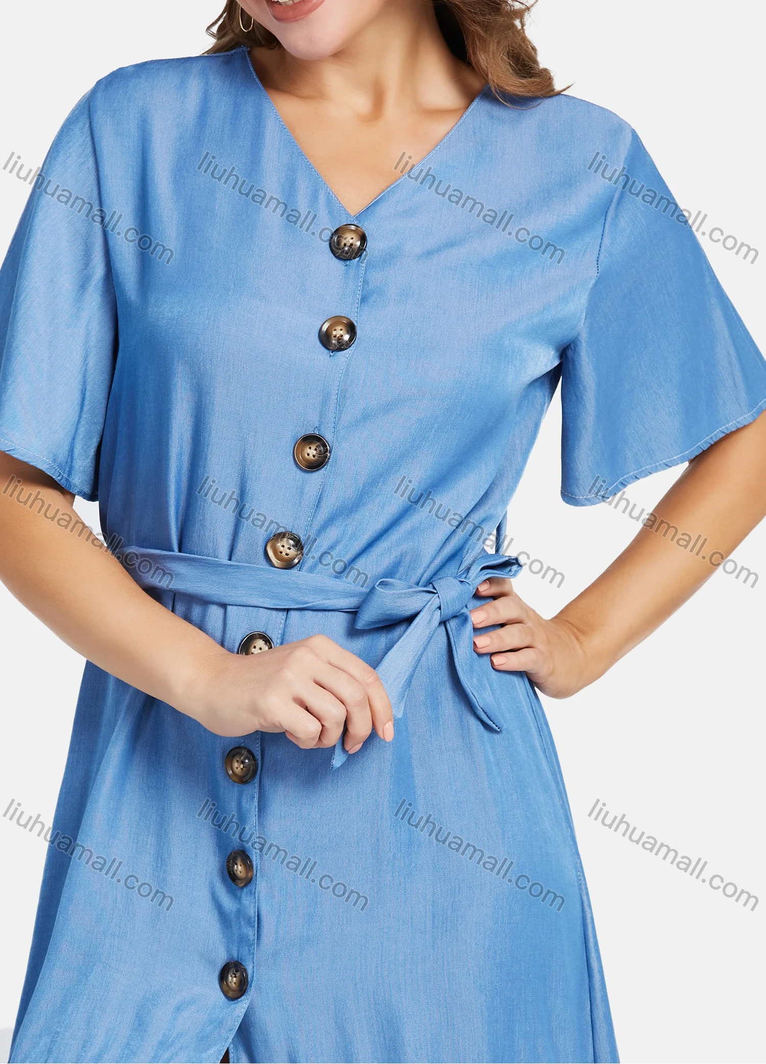 Wholesale Women's Casual V Neck High Low Hem Plain Button Down Midi Dress With Belt - Liuhuamall