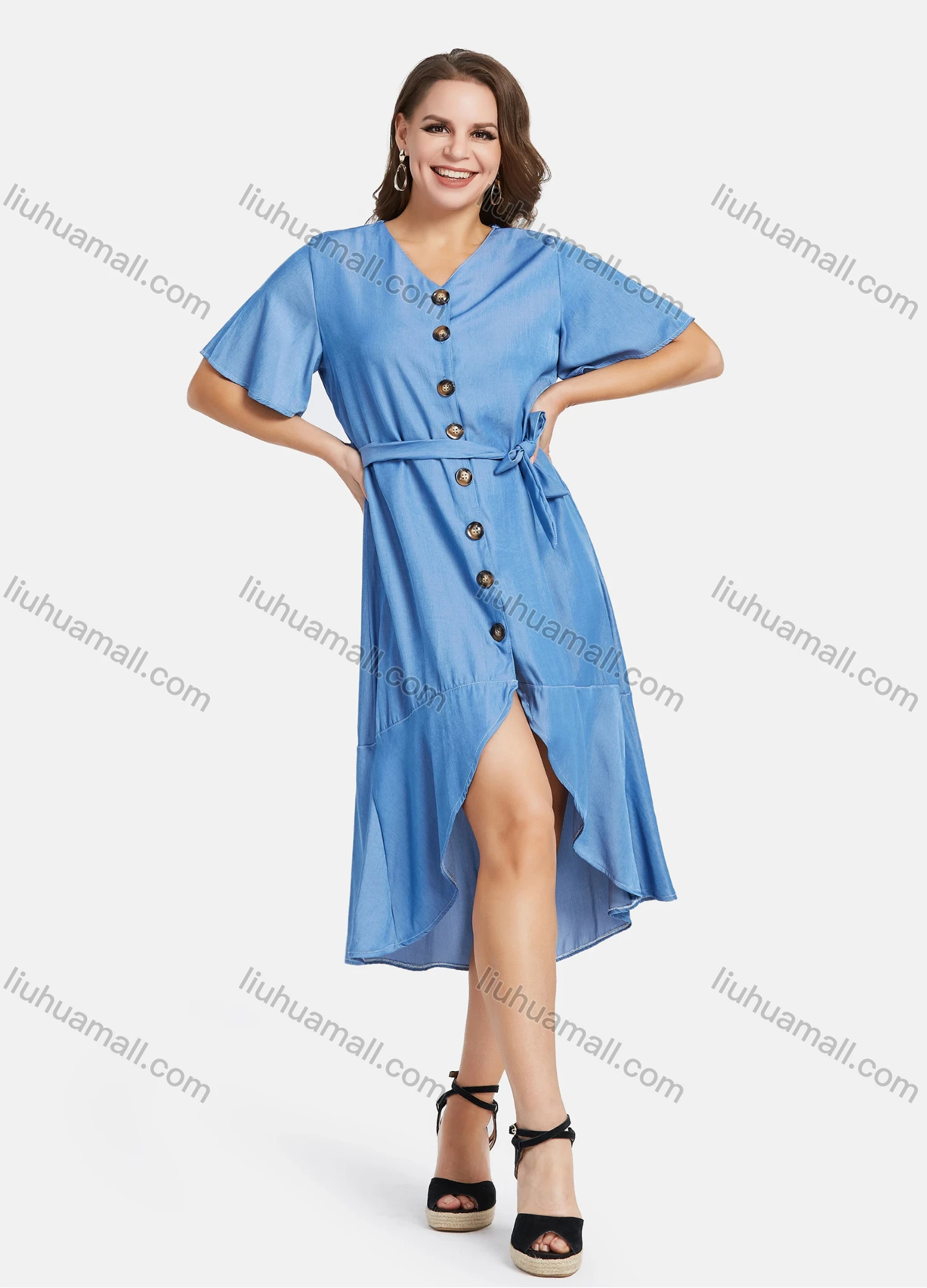 Wholesale Women's Casual V Neck High Low Hem Plain Button Down Midi Dress With Belt - Liuhuamall
