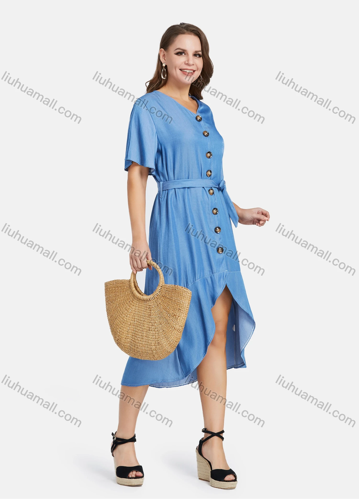 Wholesale Women's Casual V Neck High Low Hem Plain Button Down Midi Dress With Belt - Liuhuamall