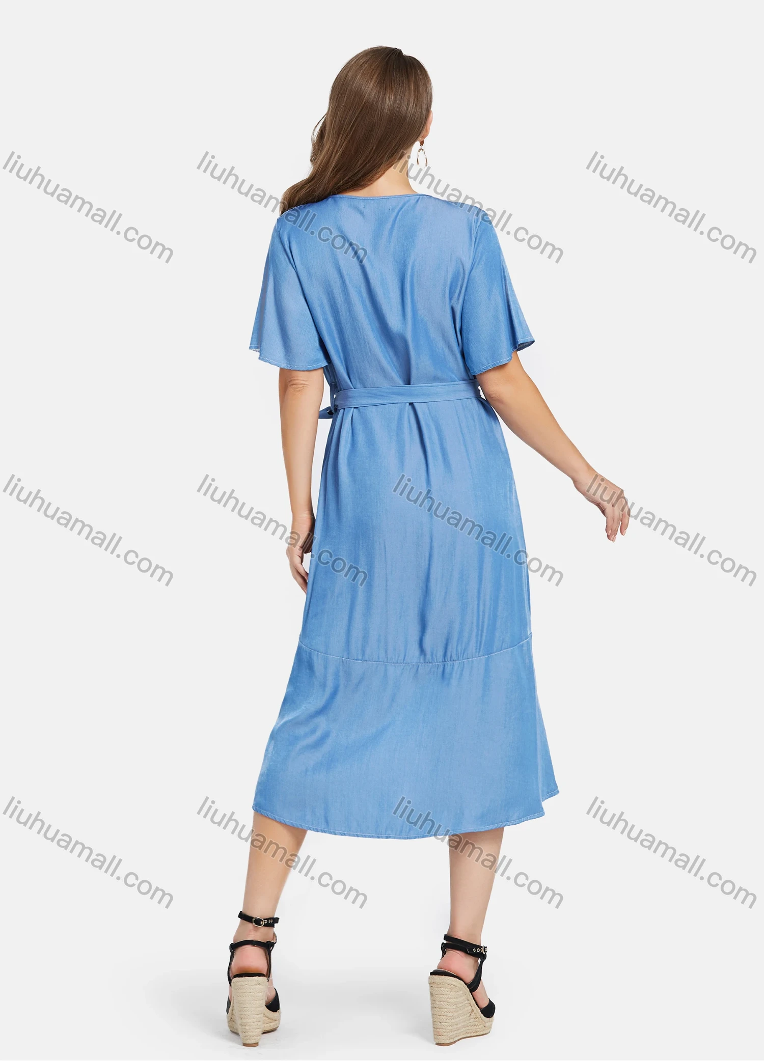 Wholesale Women's Casual V Neck High Low Hem Plain Button Down Midi Dress With Belt - Liuhuamall