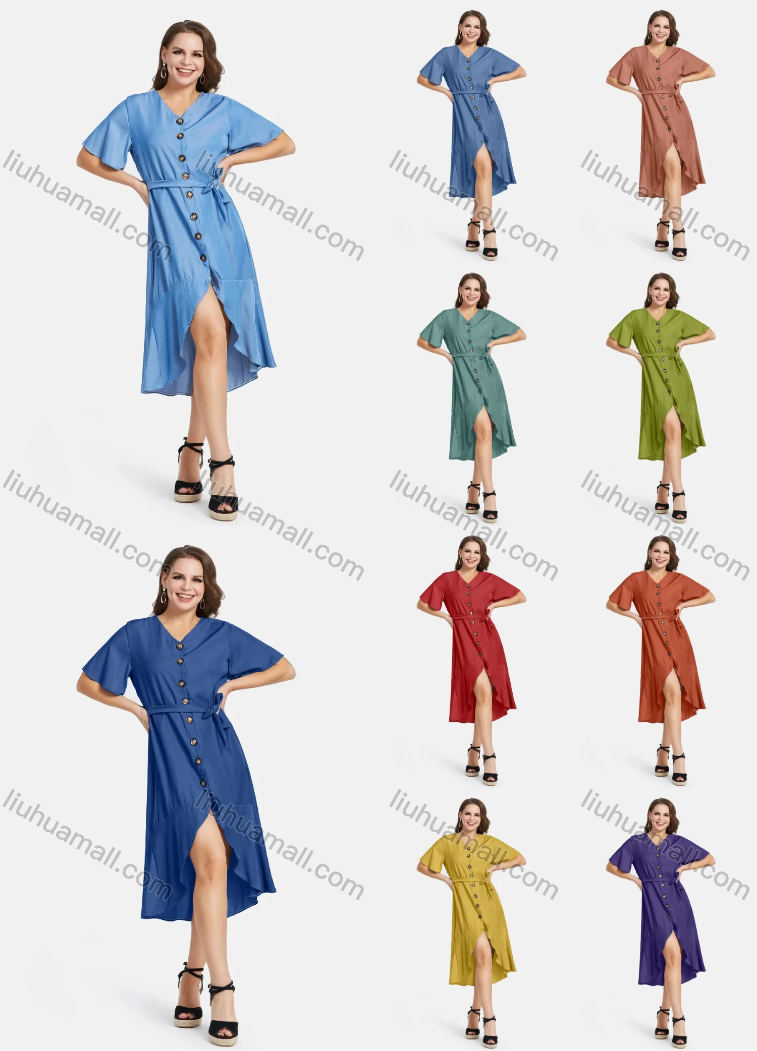 Wholesale Women's Casual V Neck High Low Hem Plain Button Down Midi Dress With Belt - Liuhuamall