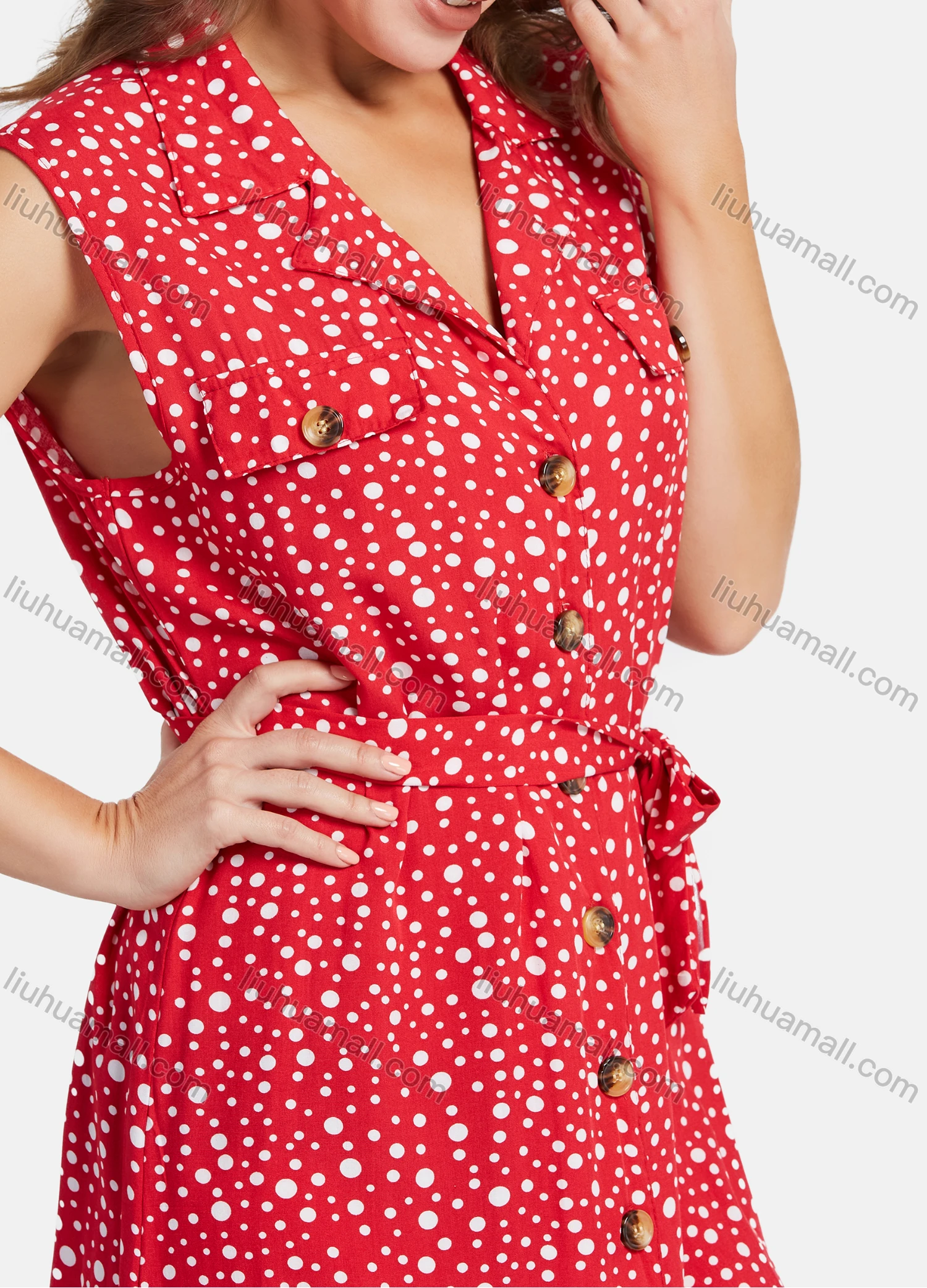 Wholesale Women's Casual Polka Dot V Neck Button Down Ruffle Hem Knee Length Sleeveless Shirt Dress With Belt - Liuhuamall