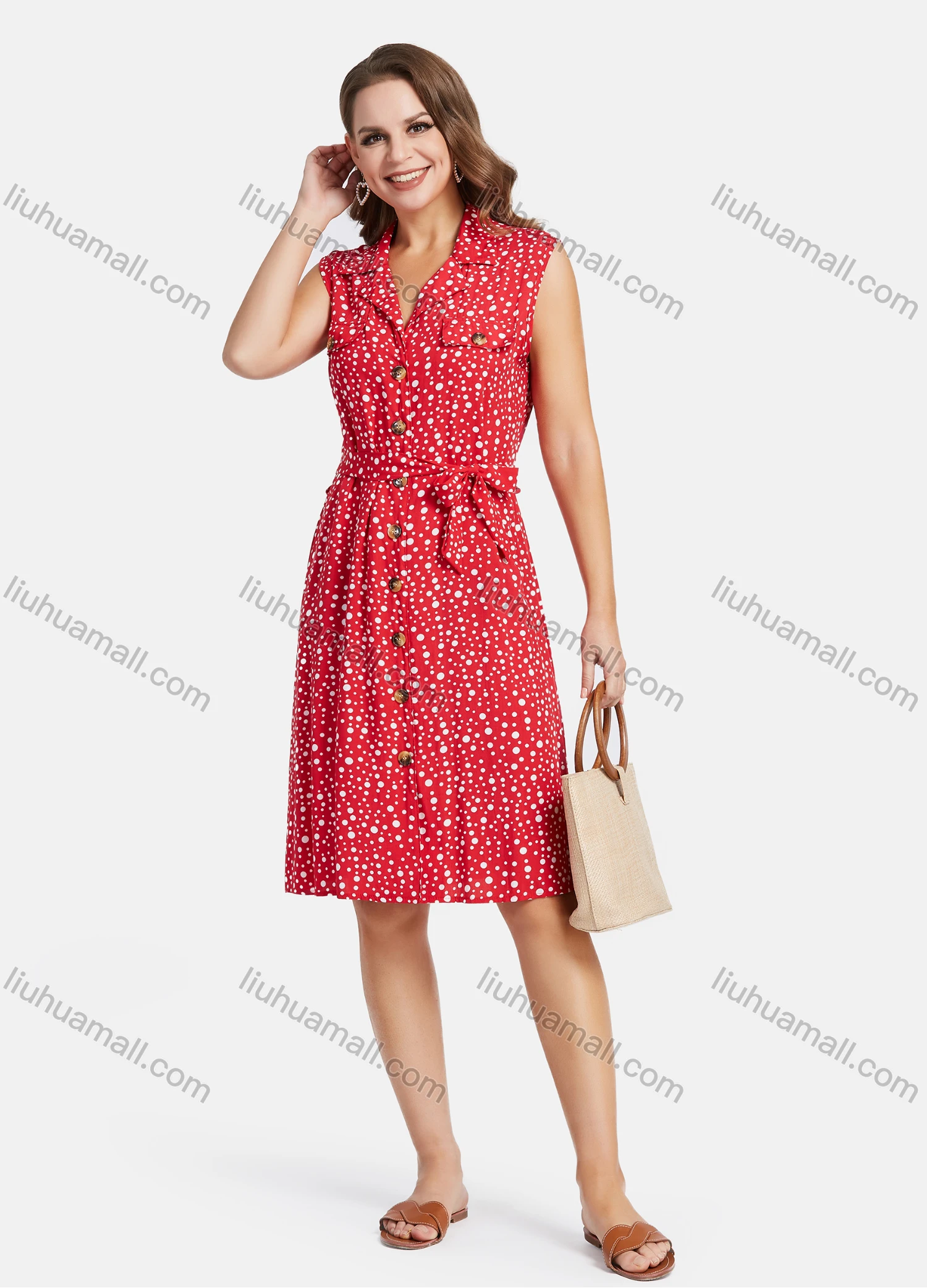 Wholesale Women's Casual Polka Dot V Neck Button Down Ruffle Hem Knee Length Sleeveless Shirt Dress With Belt - Liuhuamall