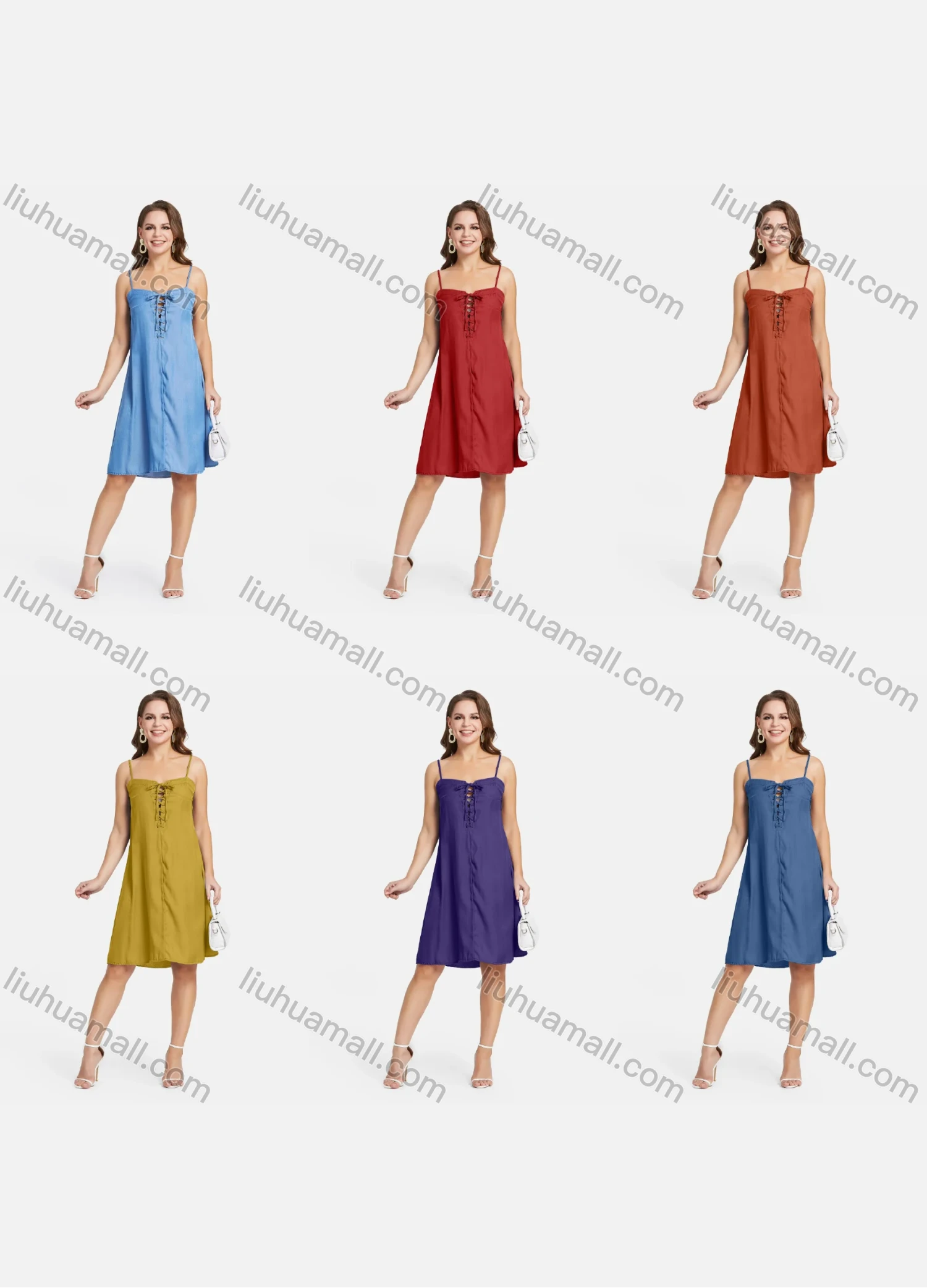 Wholesale Women's Casual Lace Up Ruched Spaghetti Strap Cami Sundress - Liuhuamall