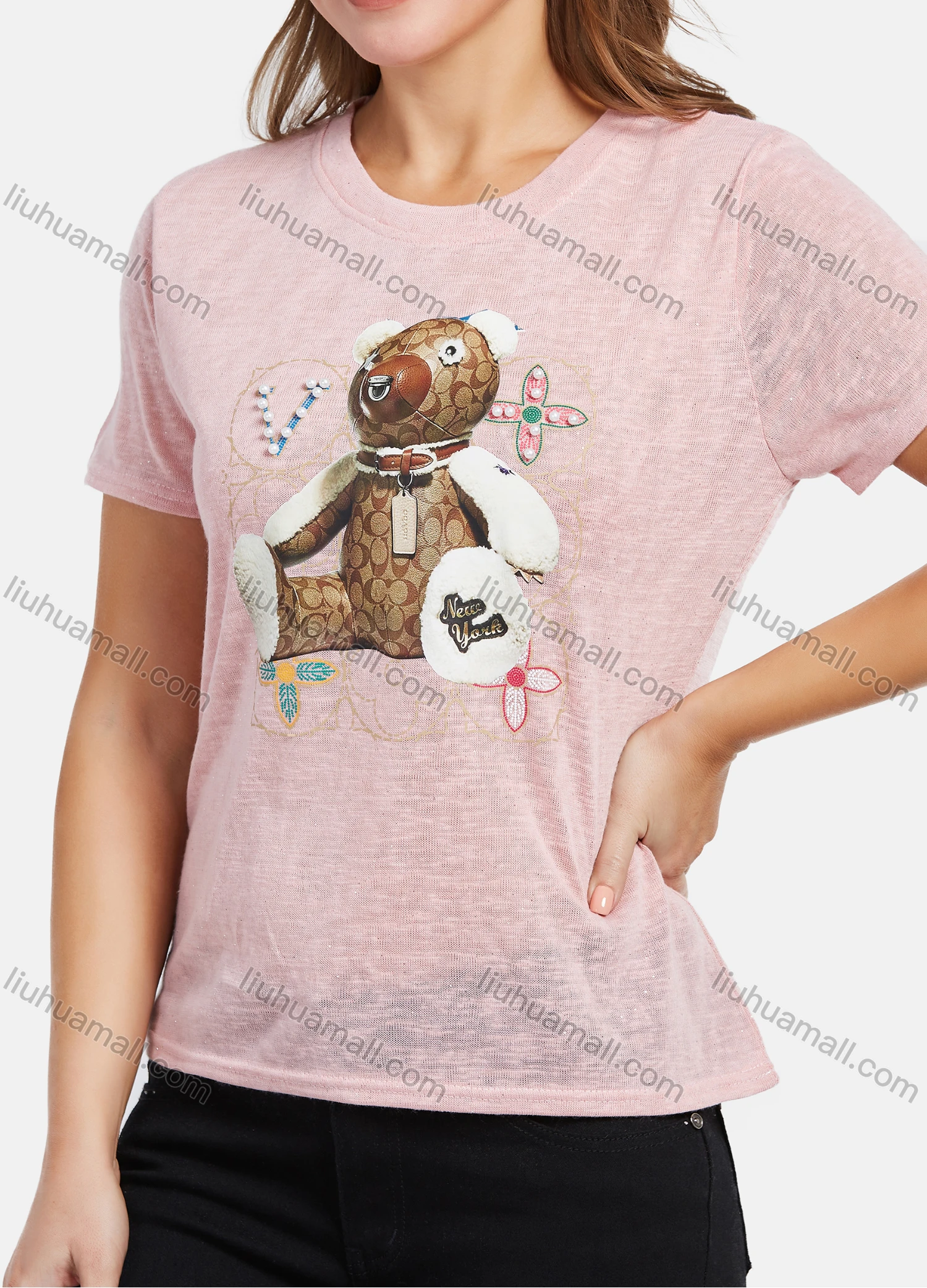 Wholesale Women's Casual Cartoon Bear Graphic Pearl Decor T-Shirt 2021-1# - Liuhuamall