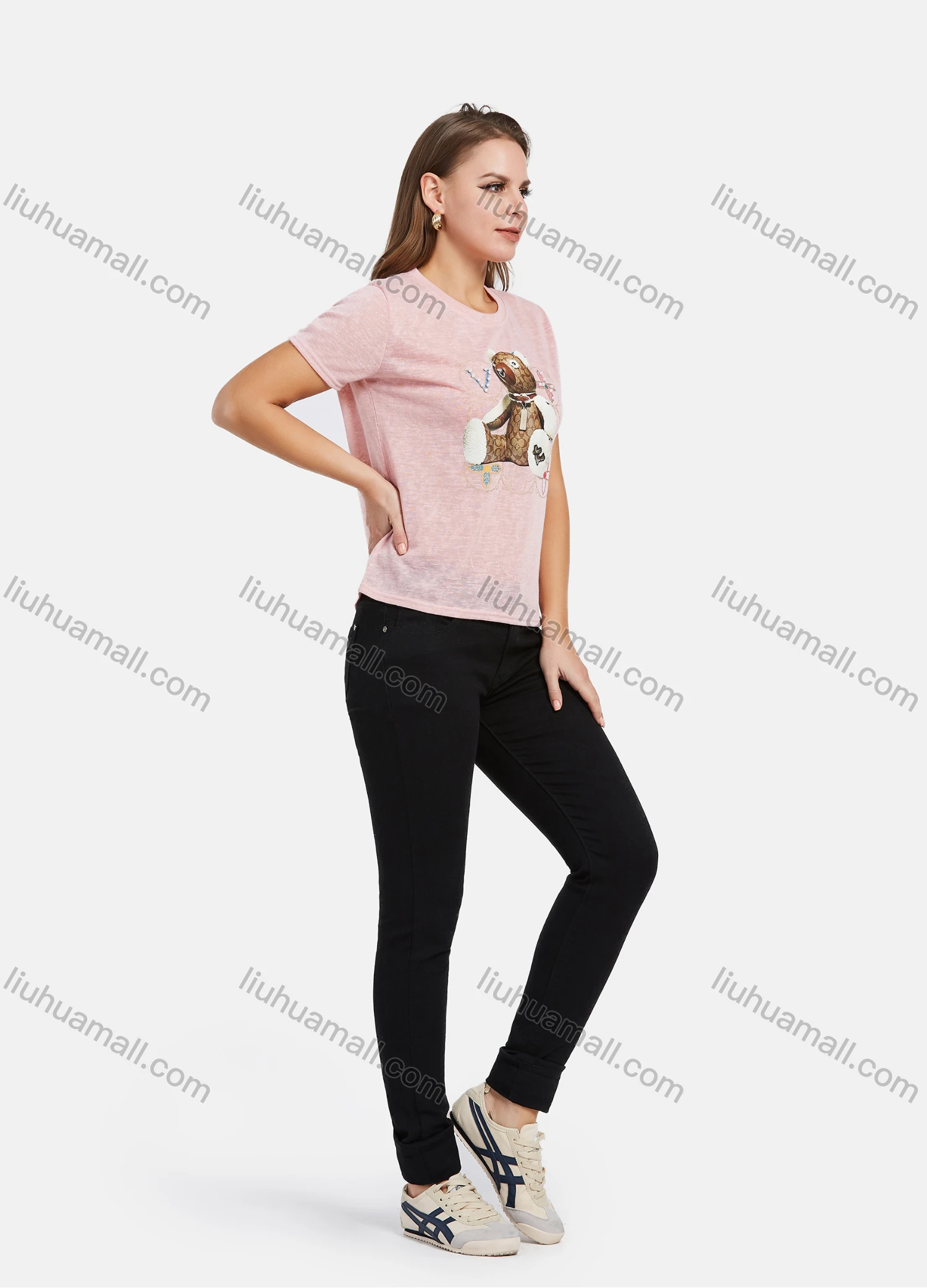 Wholesale Women's Casual Cartoon Bear Graphic Pearl Decor T-Shirt 2021-1# - Liuhuamall