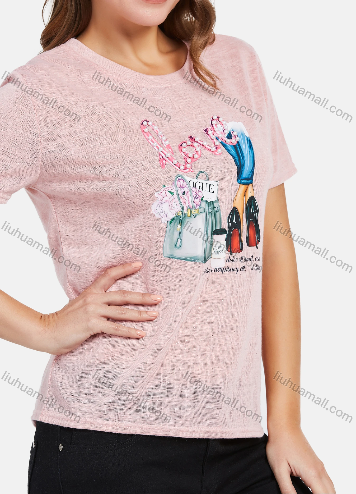 Wholesale Women's Casual Cartoon & Letters Graphic Pearl Decor T-Shirt 2021-2# - Liuhuamall