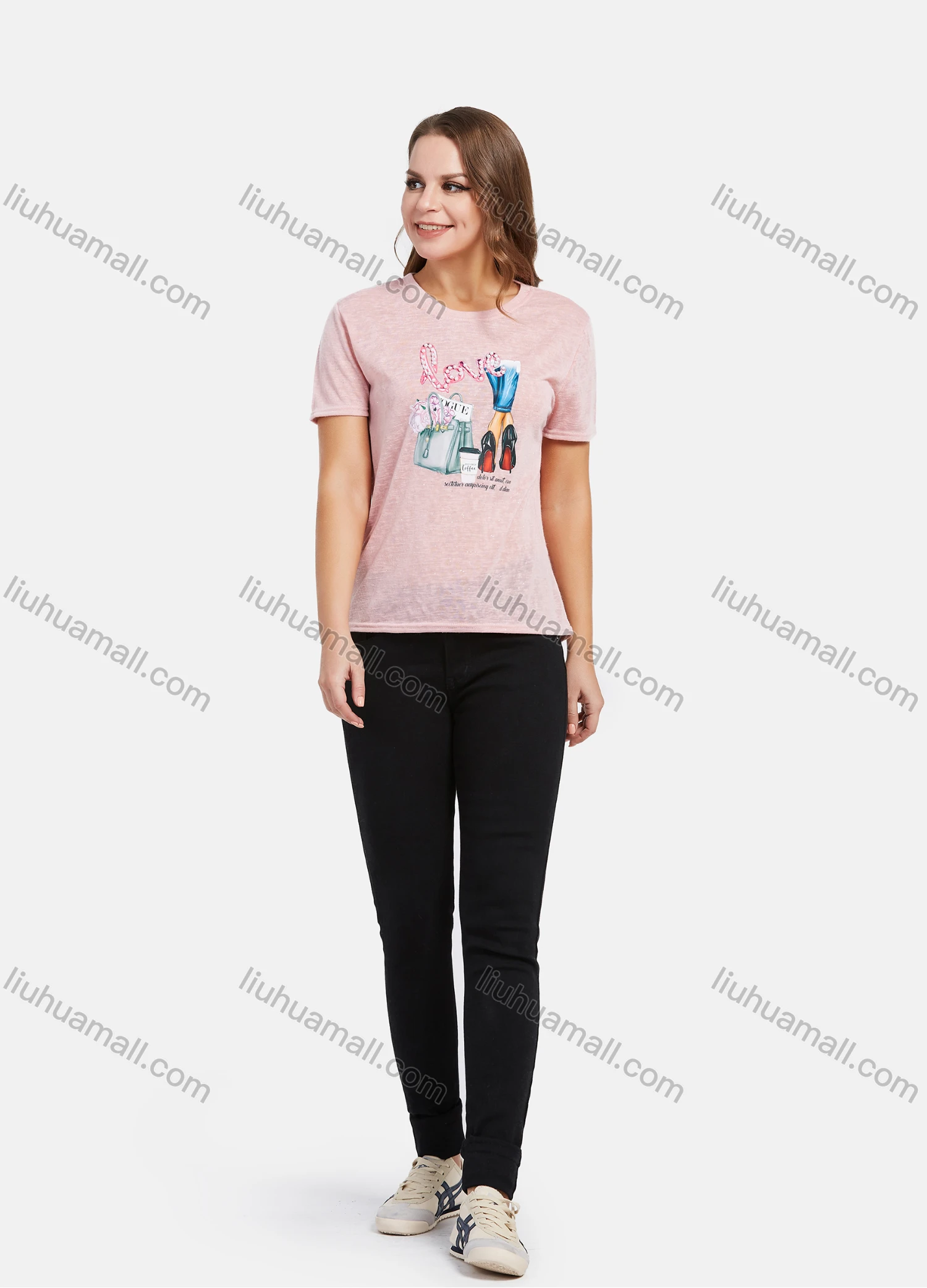 Wholesale Women's Casual Cartoon & Letters Graphic Pearl Decor T-Shirt 2021-2# - Liuhuamall