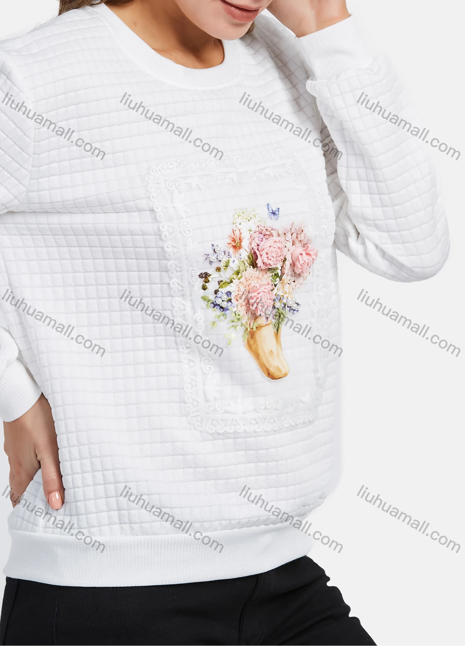 Wholesale Women's Long Sleeve 3D Floral Waffle Pullover Sweatshirt 2021-4# - Liuhuamall