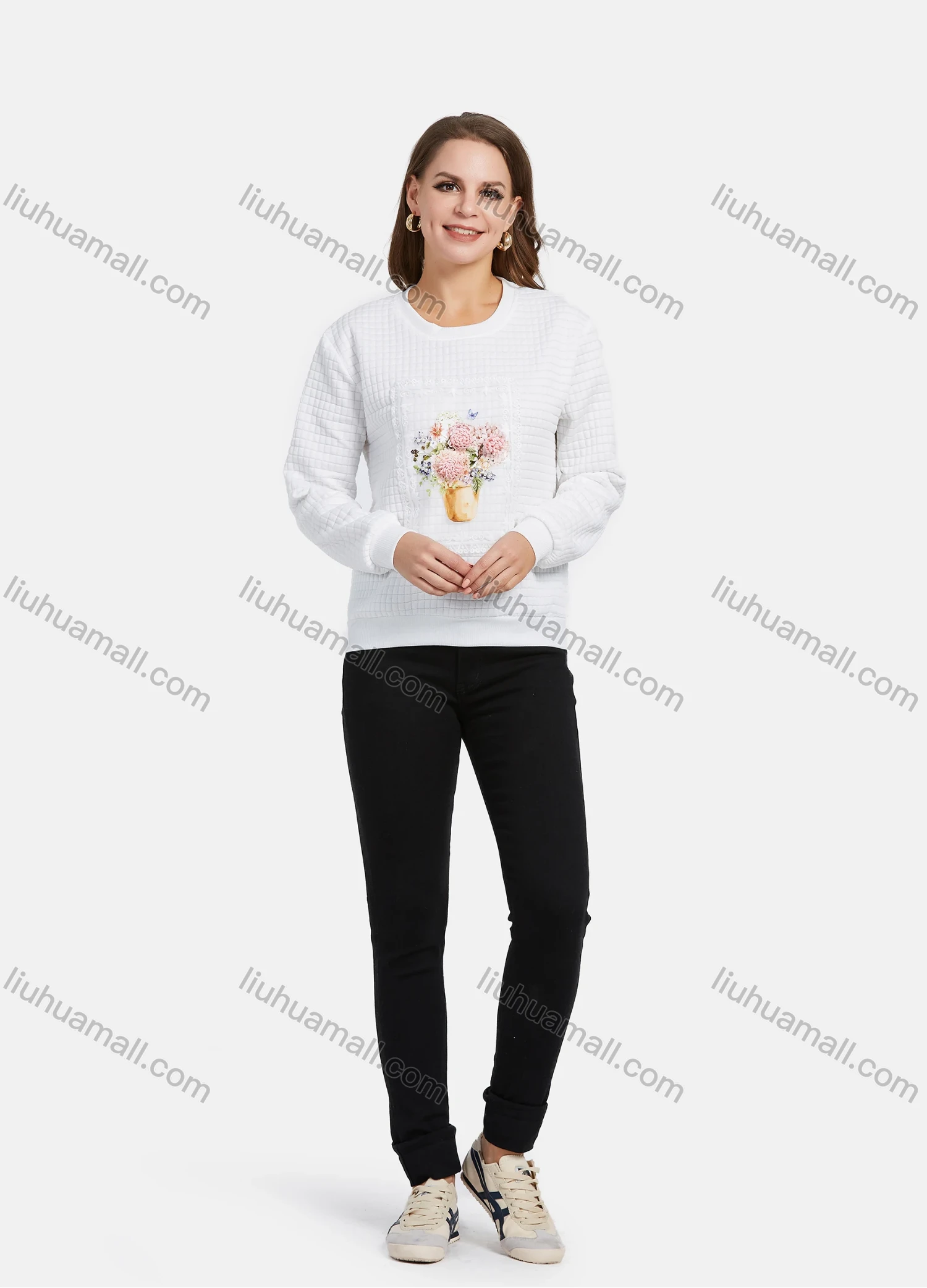 Wholesale Women's Long Sleeve 3D Floral Waffle Pullover Sweatshirt 2021-4# - Liuhuamall