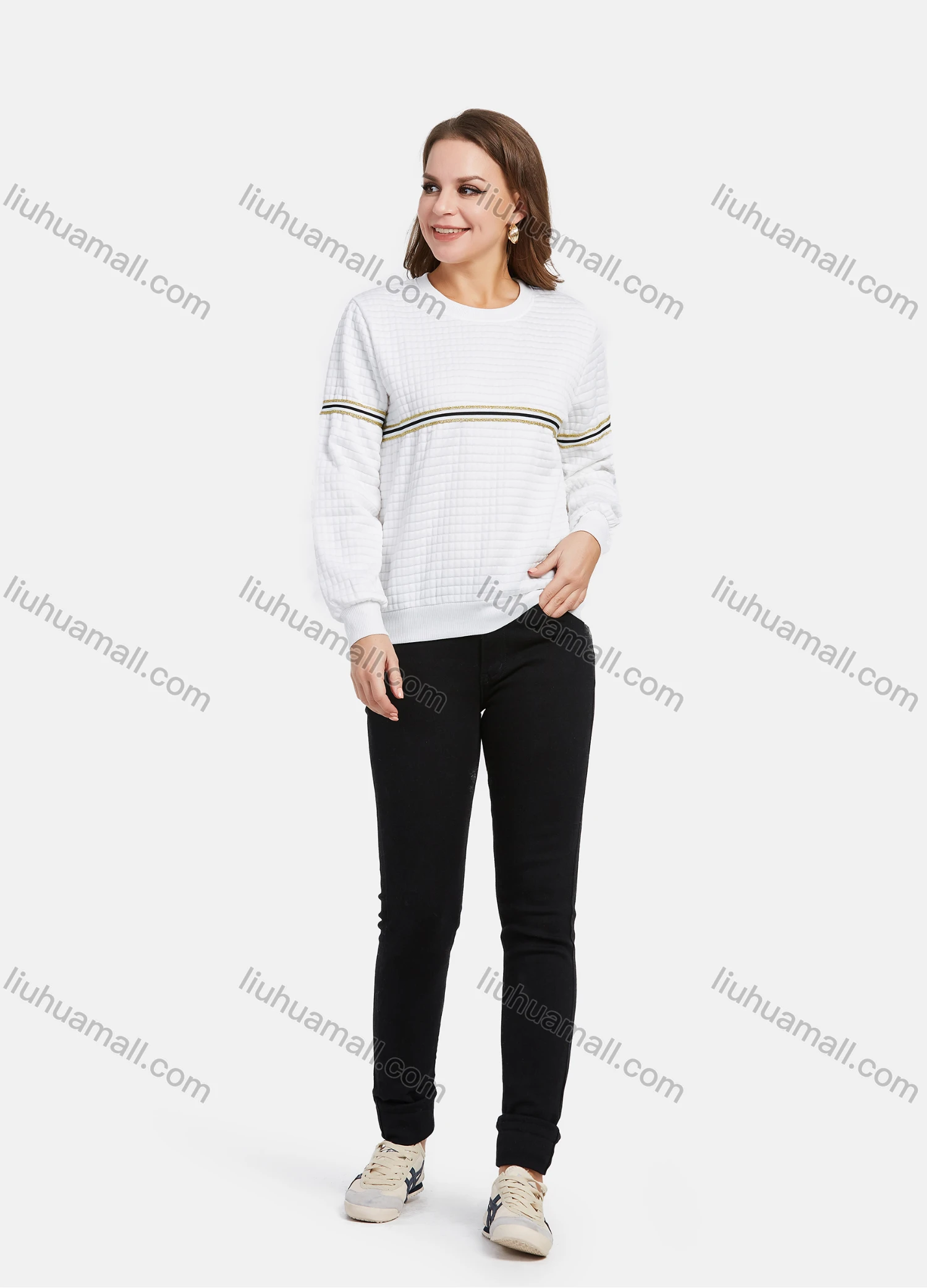 Wholesale Women's Long Sleeve Waffle Striped Pullover Sweatshirt - Liuhuamall