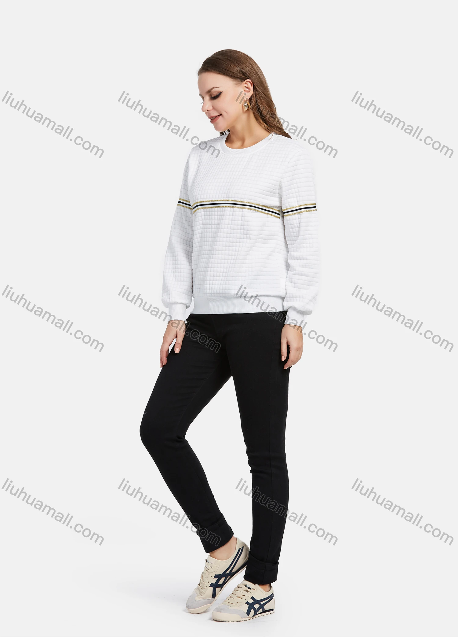 Wholesale Women's Long Sleeve Waffle Striped Pullover Sweatshirt - Liuhuamall