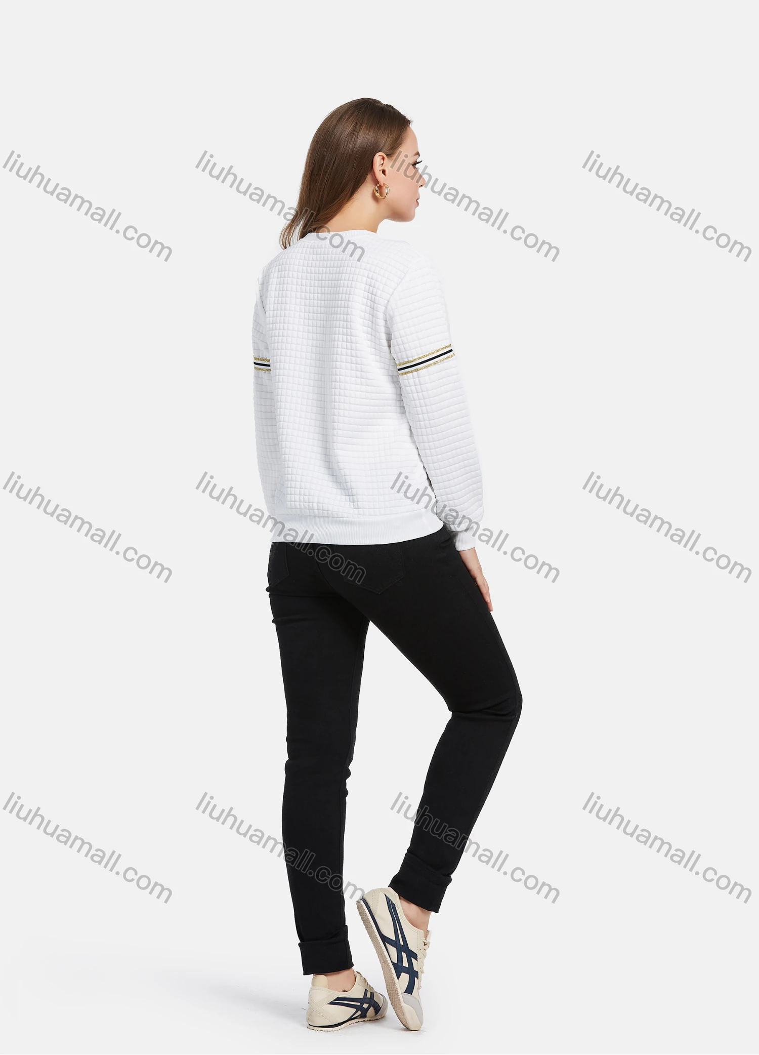 Wholesale Women's Long Sleeve Waffle Striped Pullover Sweatshirt - Liuhuamall