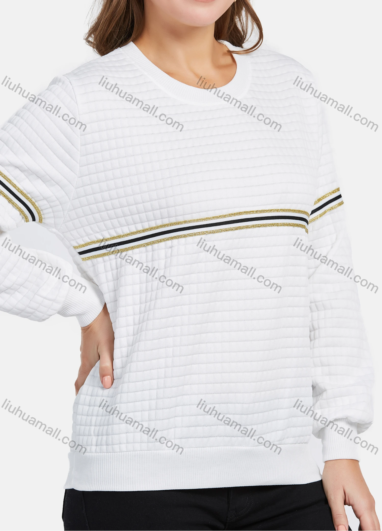 Wholesale Women's Long Sleeve Waffle Striped Pullover Sweatshirt - Liuhuamall