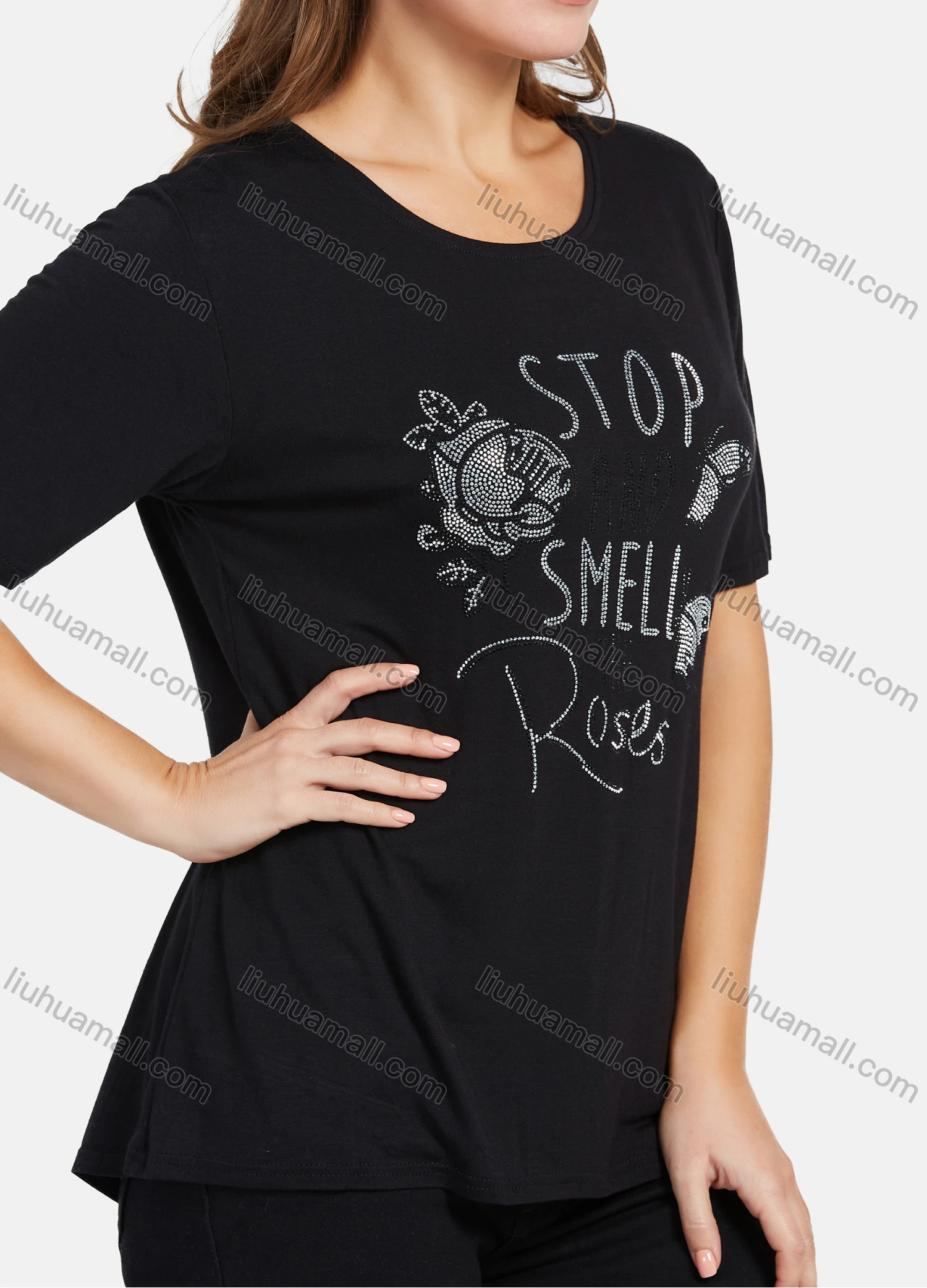 Wholesale Women's Casual Slogan & Floral Rhinestone T-Shirt 2021-9# - Liuhuamall