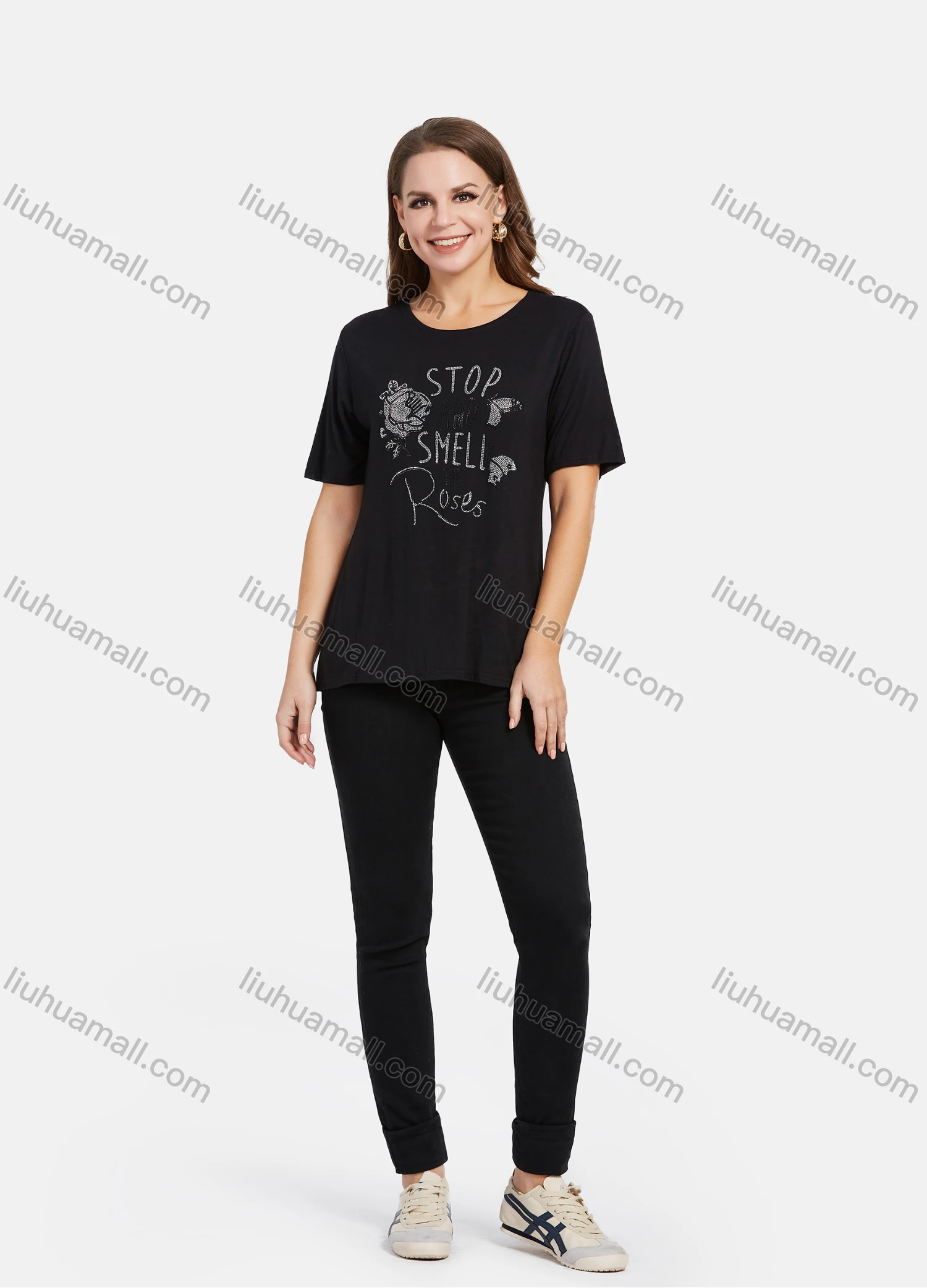 Wholesale Women's Casual Slogan & Floral Rhinestone T-Shirt 2021-9# - Liuhuamall