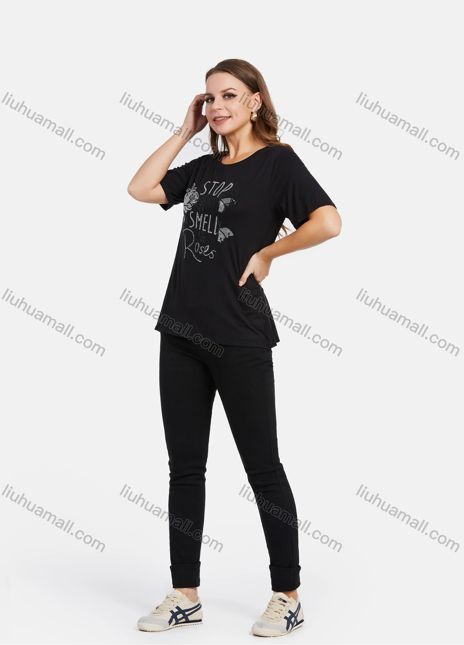 Wholesale Women's Casual Slogan & Floral Rhinestone T-Shirt 2021-9# - Liuhuamall