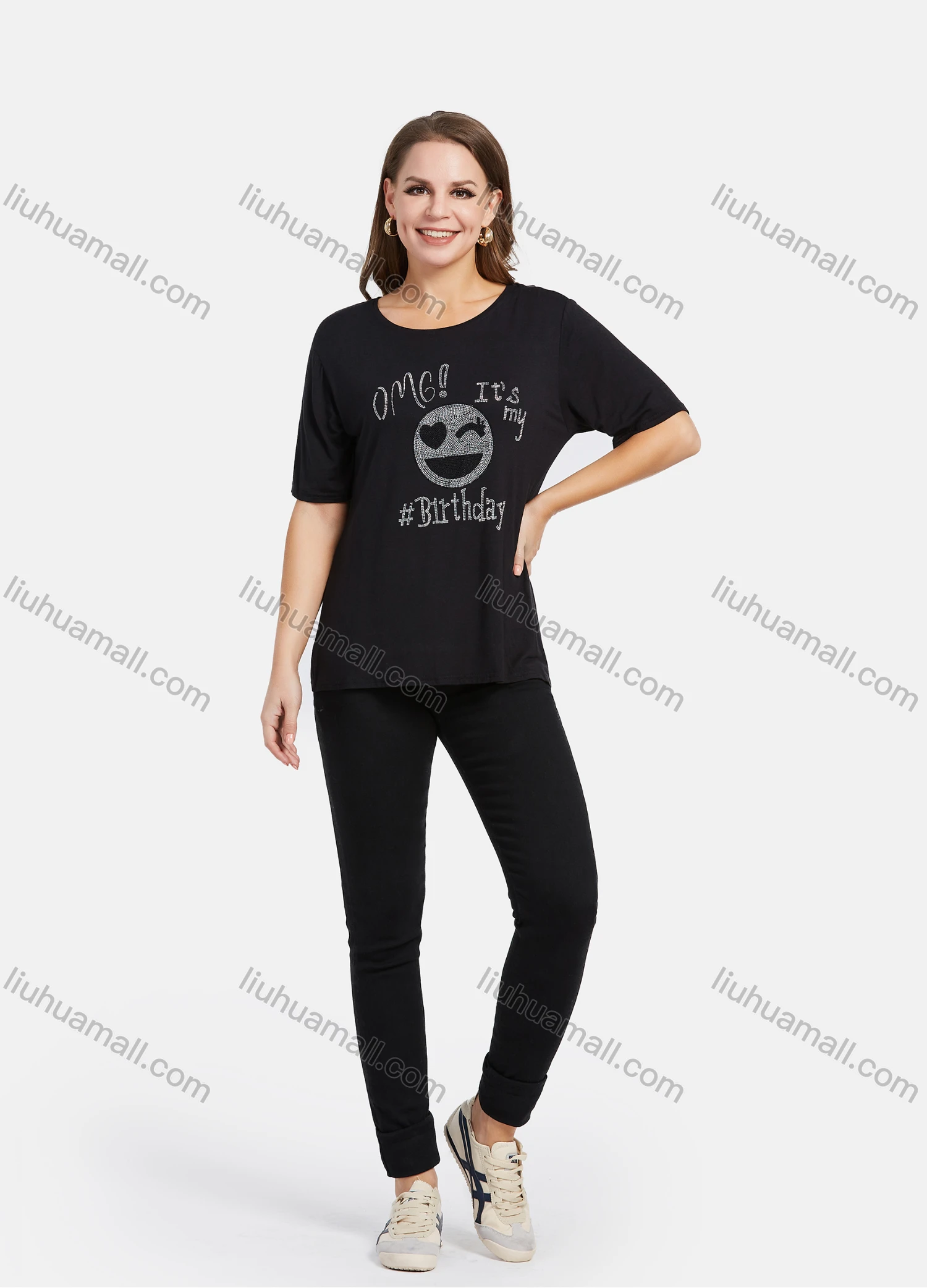 Wholesale Women's Casual Cartoon & Slogan Rhinestone T-Shirt 2021-10# - Liuhuamall