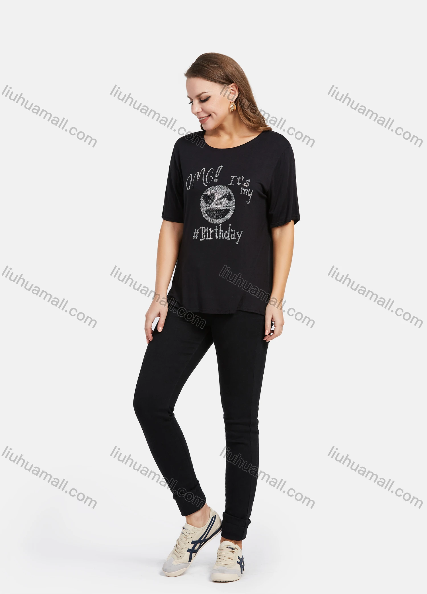 Wholesale Women's Casual Cartoon & Slogan Rhinestone T-Shirt 2021-10# - Liuhuamall