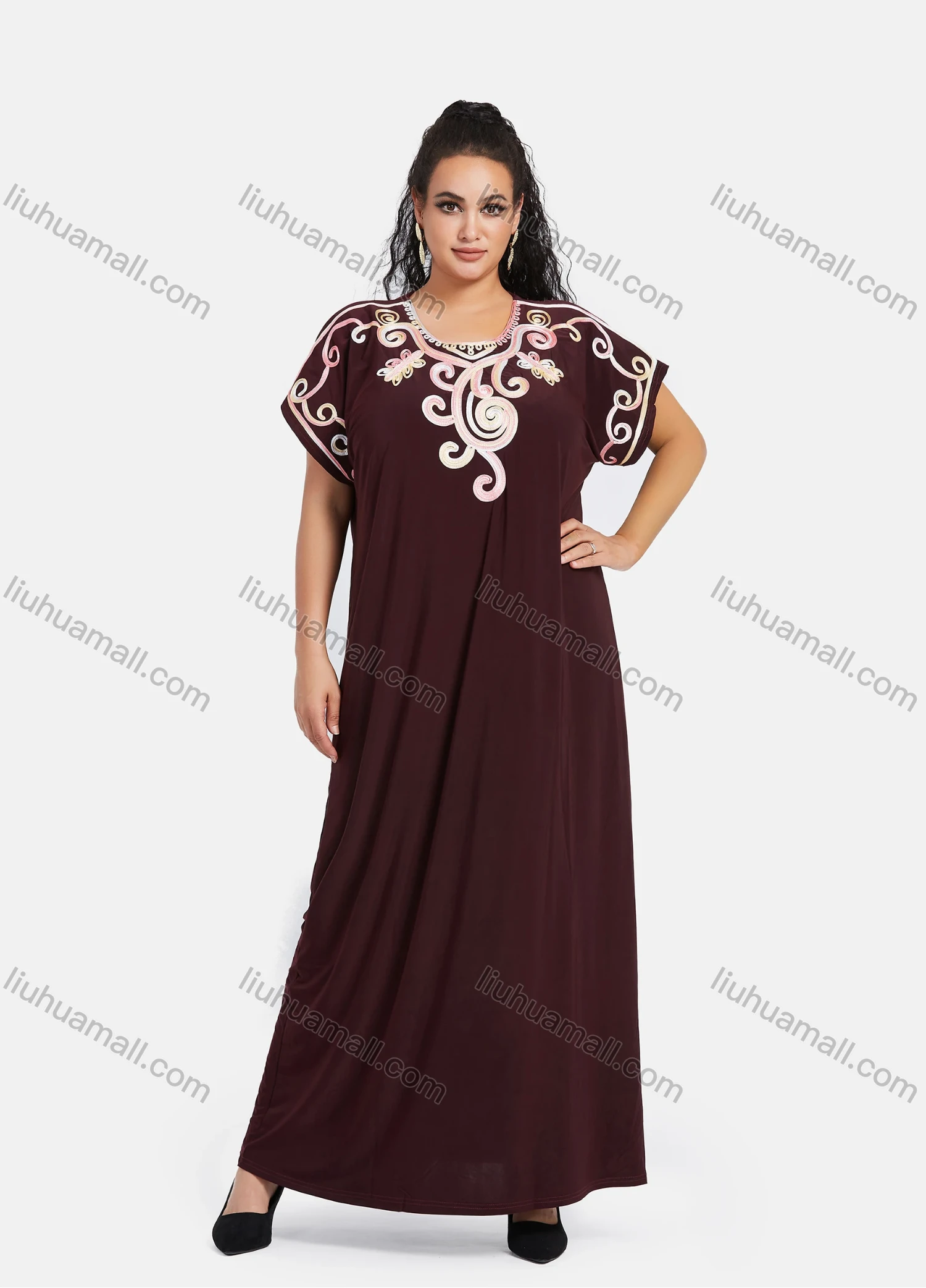 Wholesale Women's African Short Sleeve Floral Embroidery Round Neck Maxi Kaftan Dress #300 - Liuhuamall
