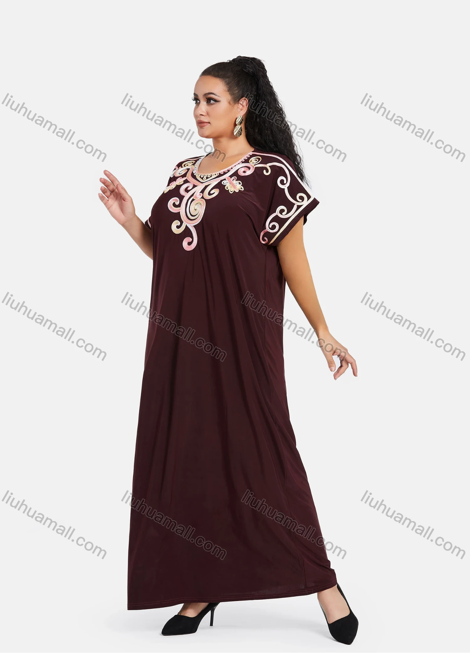 Wholesale Women's African Short Sleeve Floral Embroidery Round Neck Maxi Kaftan Dress #300 - Liuhuamall