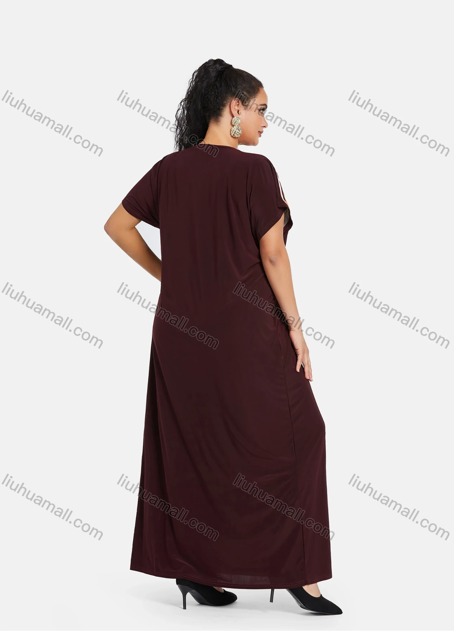 Wholesale Women's African Short Sleeve Floral Embroidery Round Neck Maxi Kaftan Dress #300 - Liuhuamall