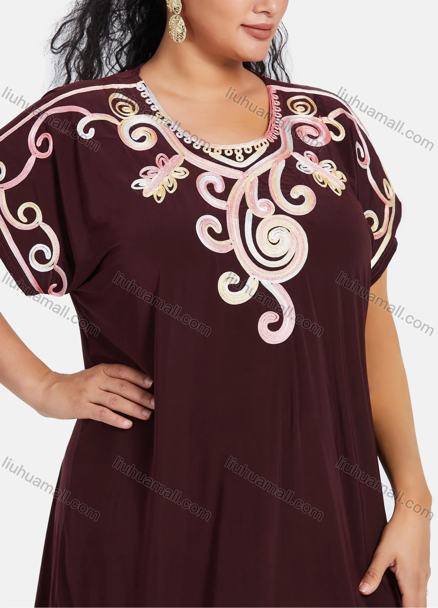 Wholesale Women's African Short Sleeve Floral Embroidery Round Neck Maxi Kaftan Dress #300 - Liuhuamall