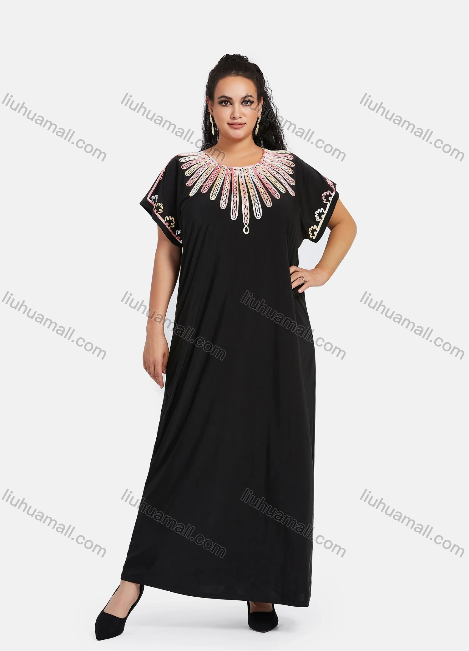 Wholesale Women's African Short Sleeve Embroidery Round Neck Maxi Kaftan Dress #304 - Liuhuamall