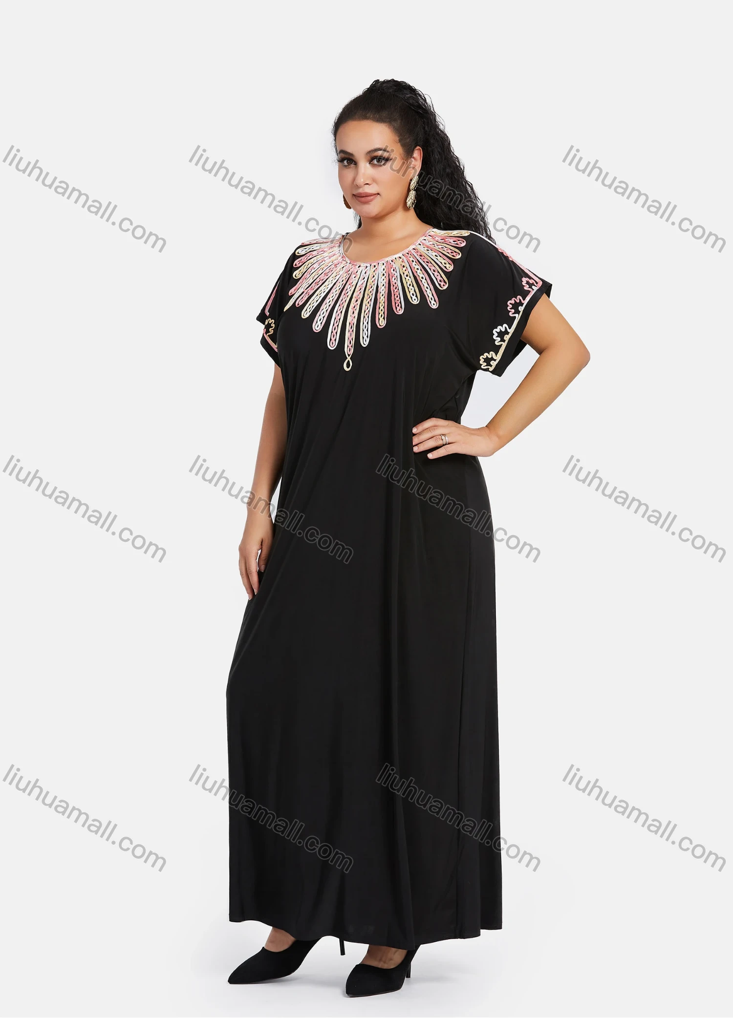 Wholesale Women's African Short Sleeve Embroidery Round Neck Maxi Kaftan Dress #304 - Liuhuamall