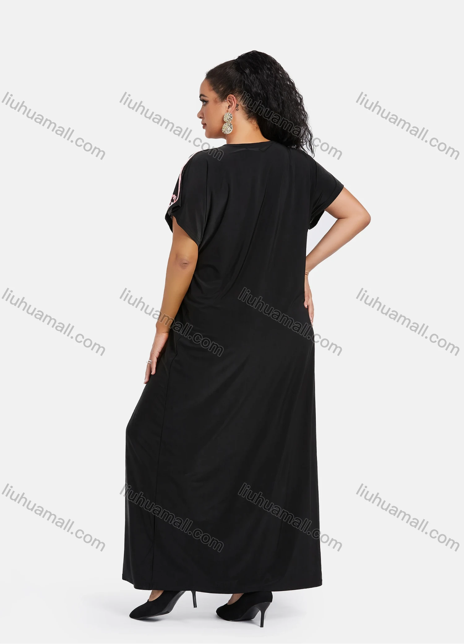 Wholesale Women's African Short Sleeve Embroidery Round Neck Maxi Kaftan Dress #304 - Liuhuamall