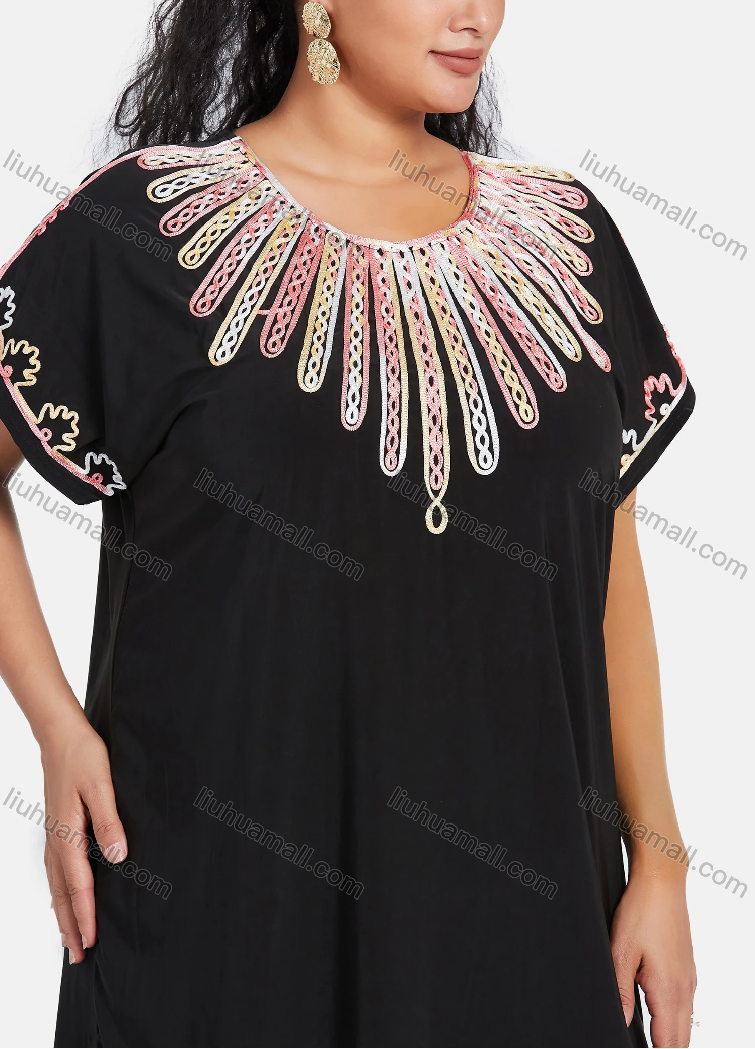 Wholesale Women's African Short Sleeve Embroidery Round Neck Maxi Kaftan Dress #304 - Liuhuamall