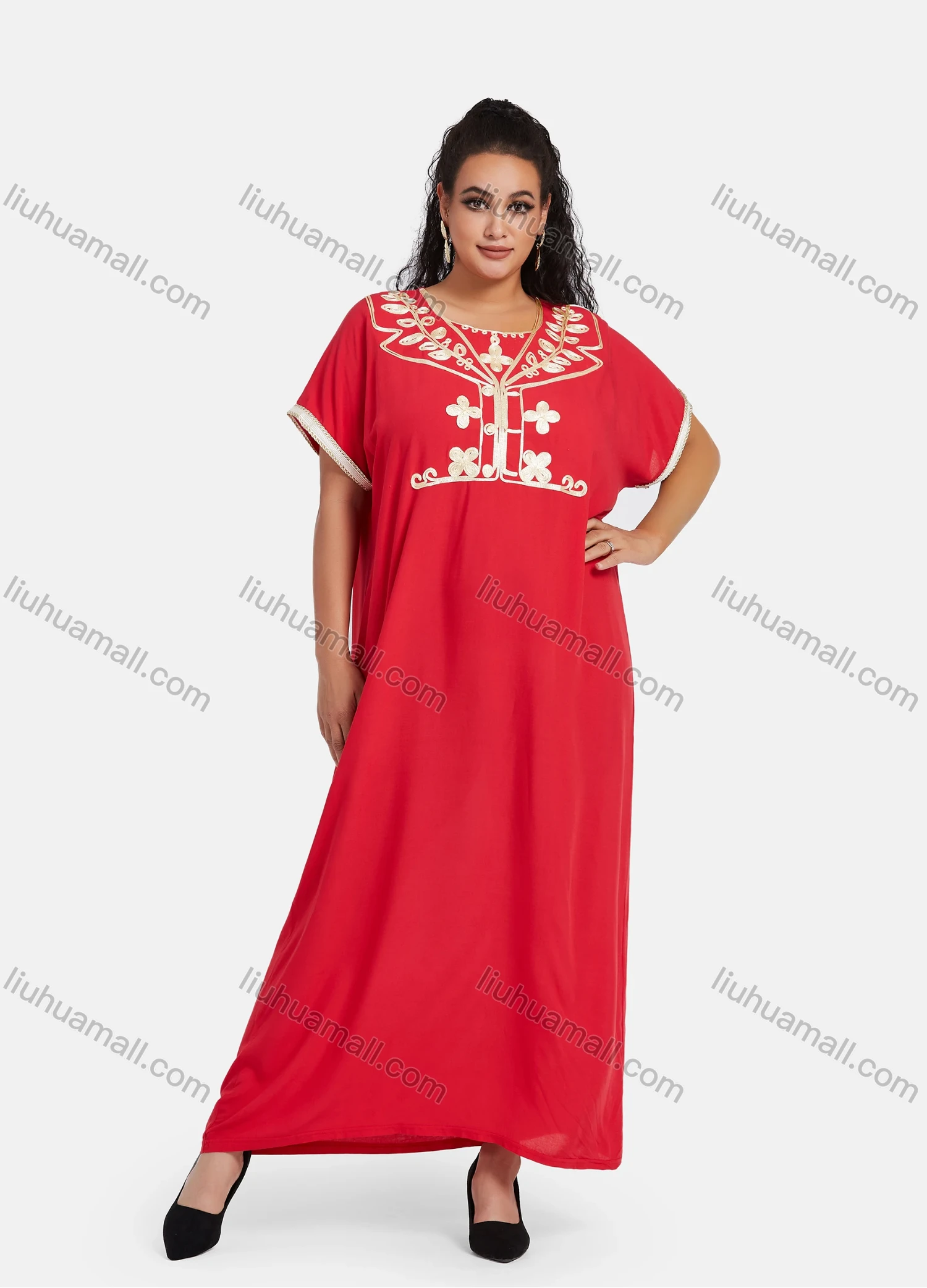 Wholesale Women's African Short Sleeve Floral Embroidery Round Neck Maxi Kaftan Dress #WQ42 - Liuhuamall