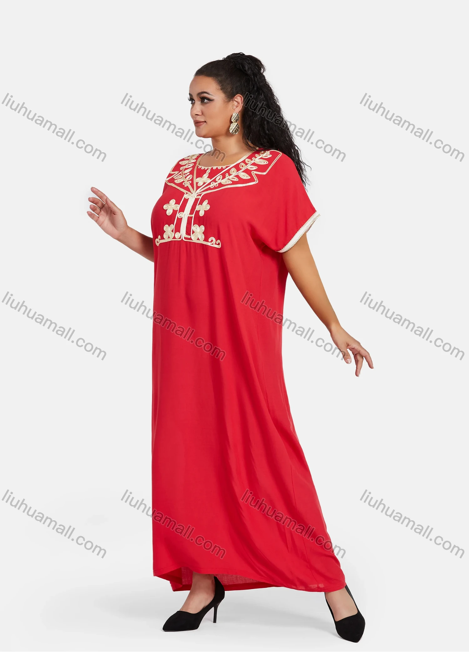Wholesale Women's African Short Sleeve Floral Embroidery Round Neck Maxi Kaftan Dress #WQ42 - Liuhuamall